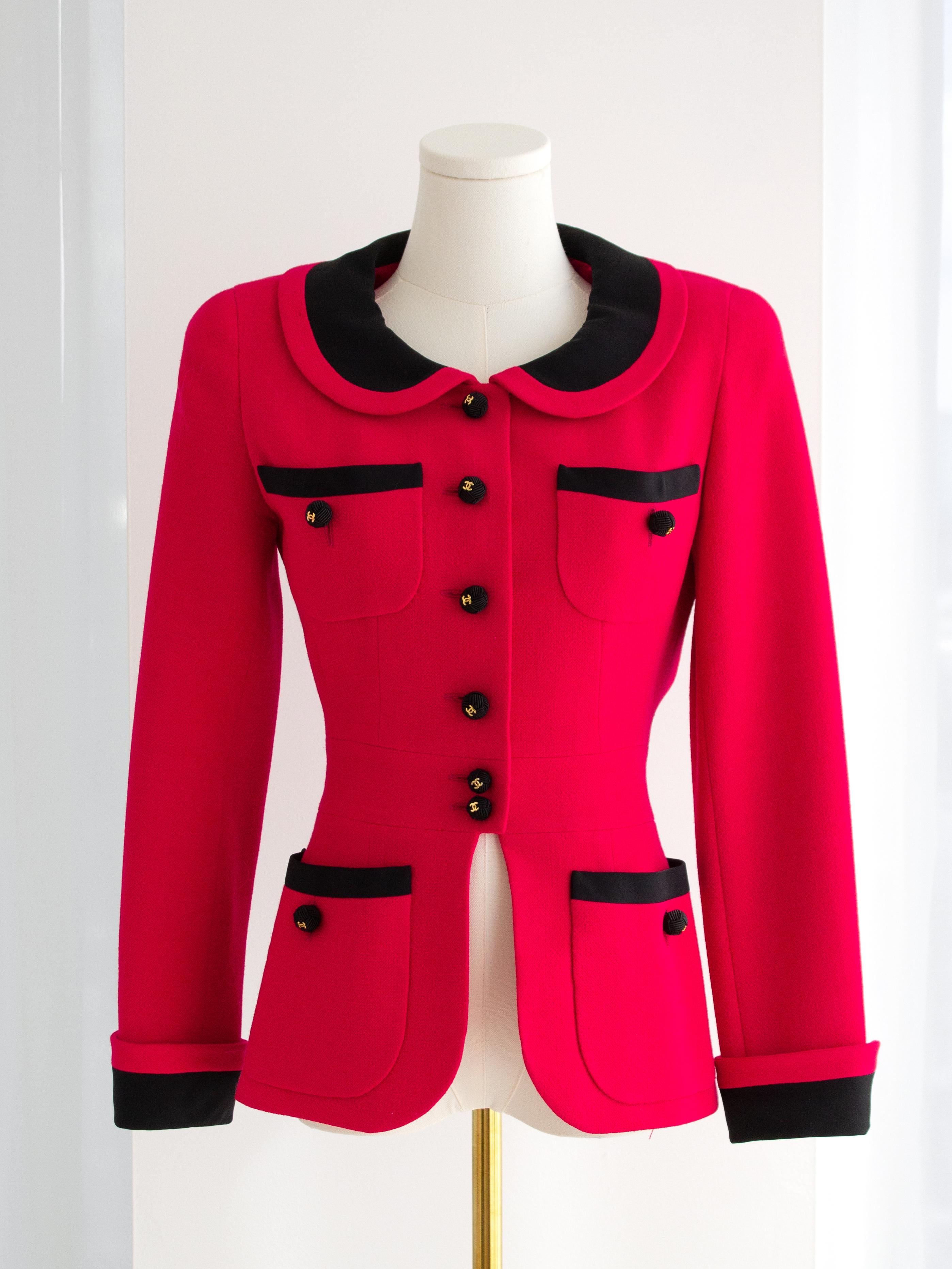Chanel Vintage S/S 1989 Hot Pink Black CC Peter Pan Collar Tweed Jacket 4