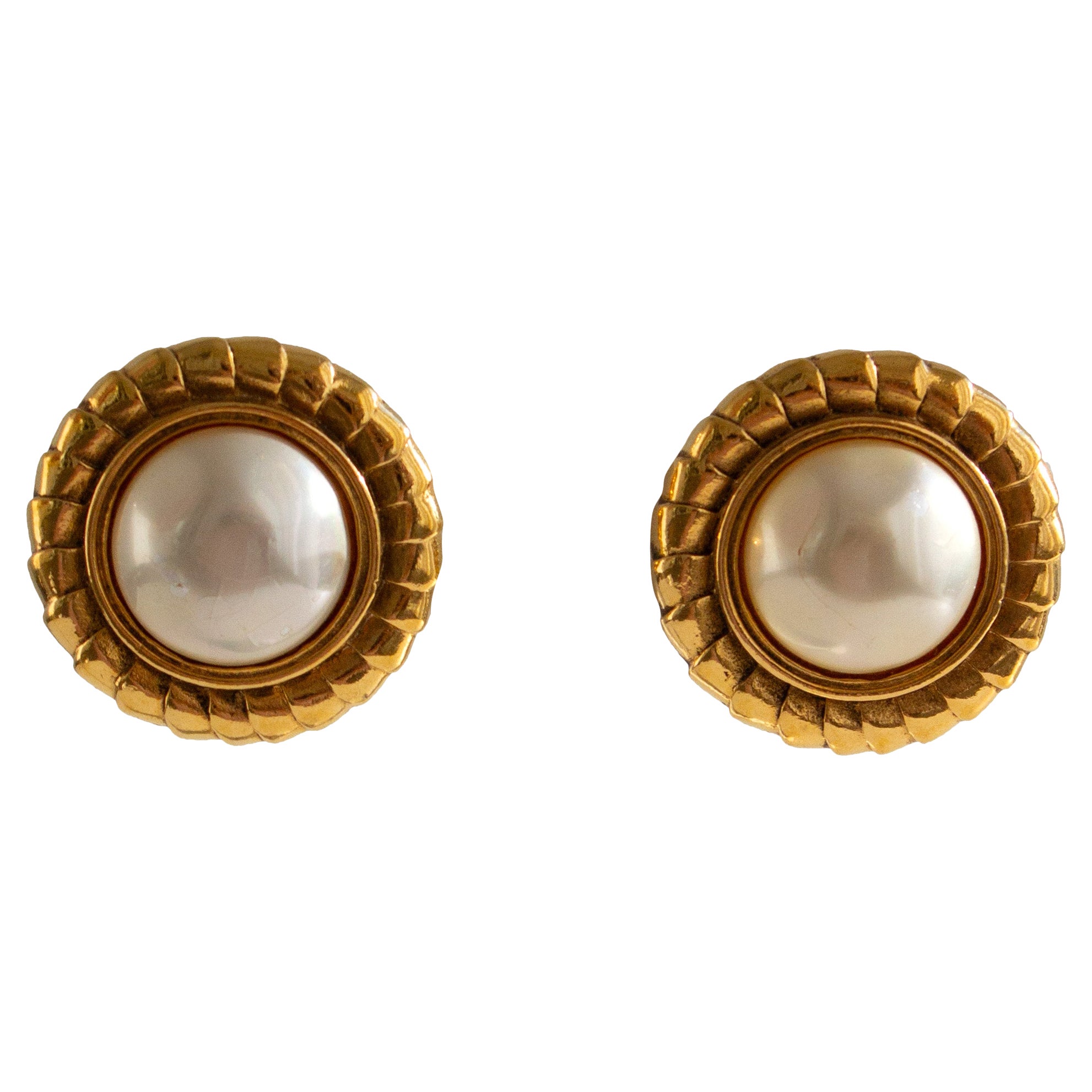 Chanel Vintage S/S 1990 24K Gold-Plated Faux Pearl Clip-On Earrings