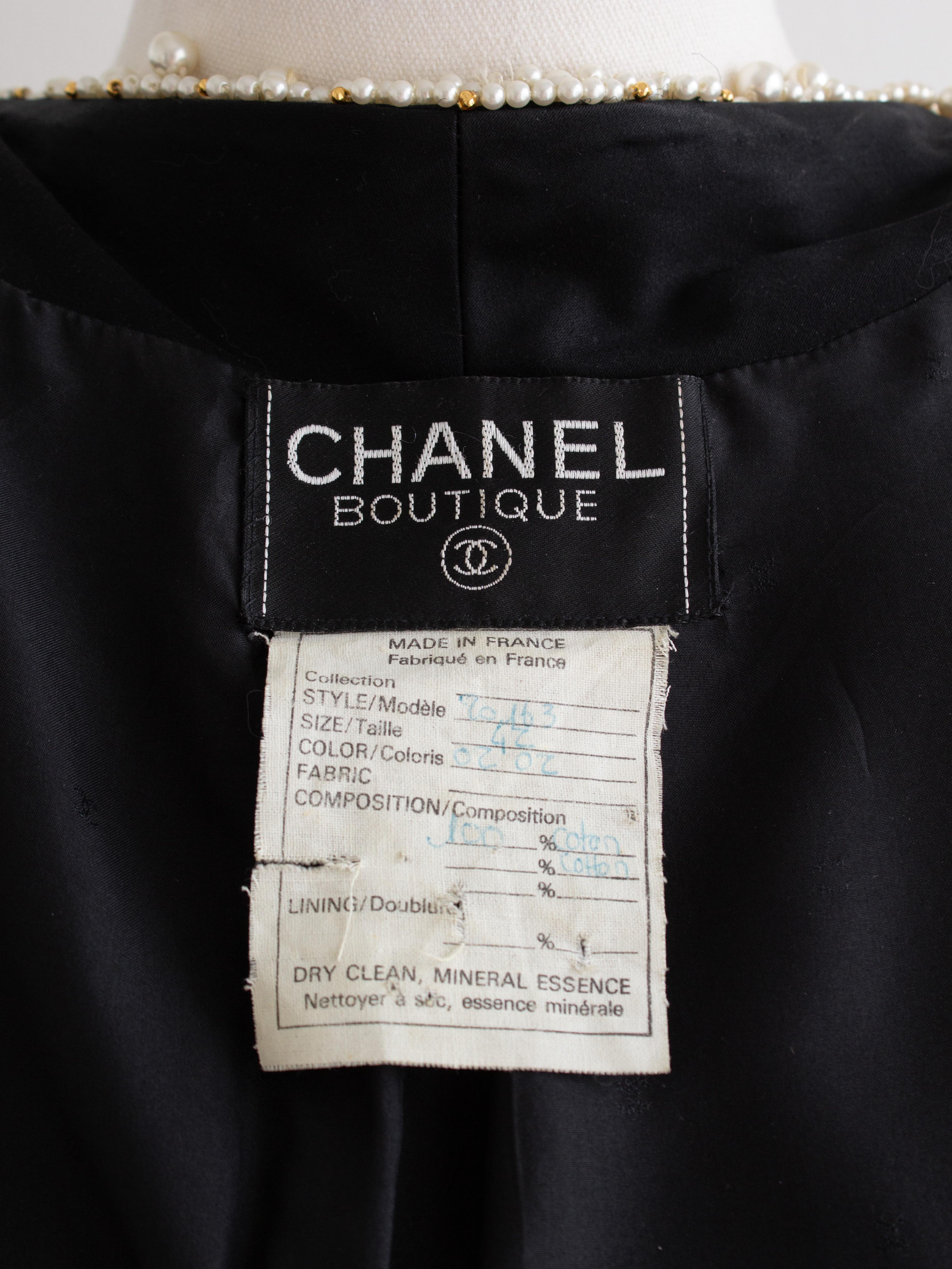 Chanel Vintage S/S 1990 Schwarz Faux Perle verschönert Seide Jacke im Angebot 10