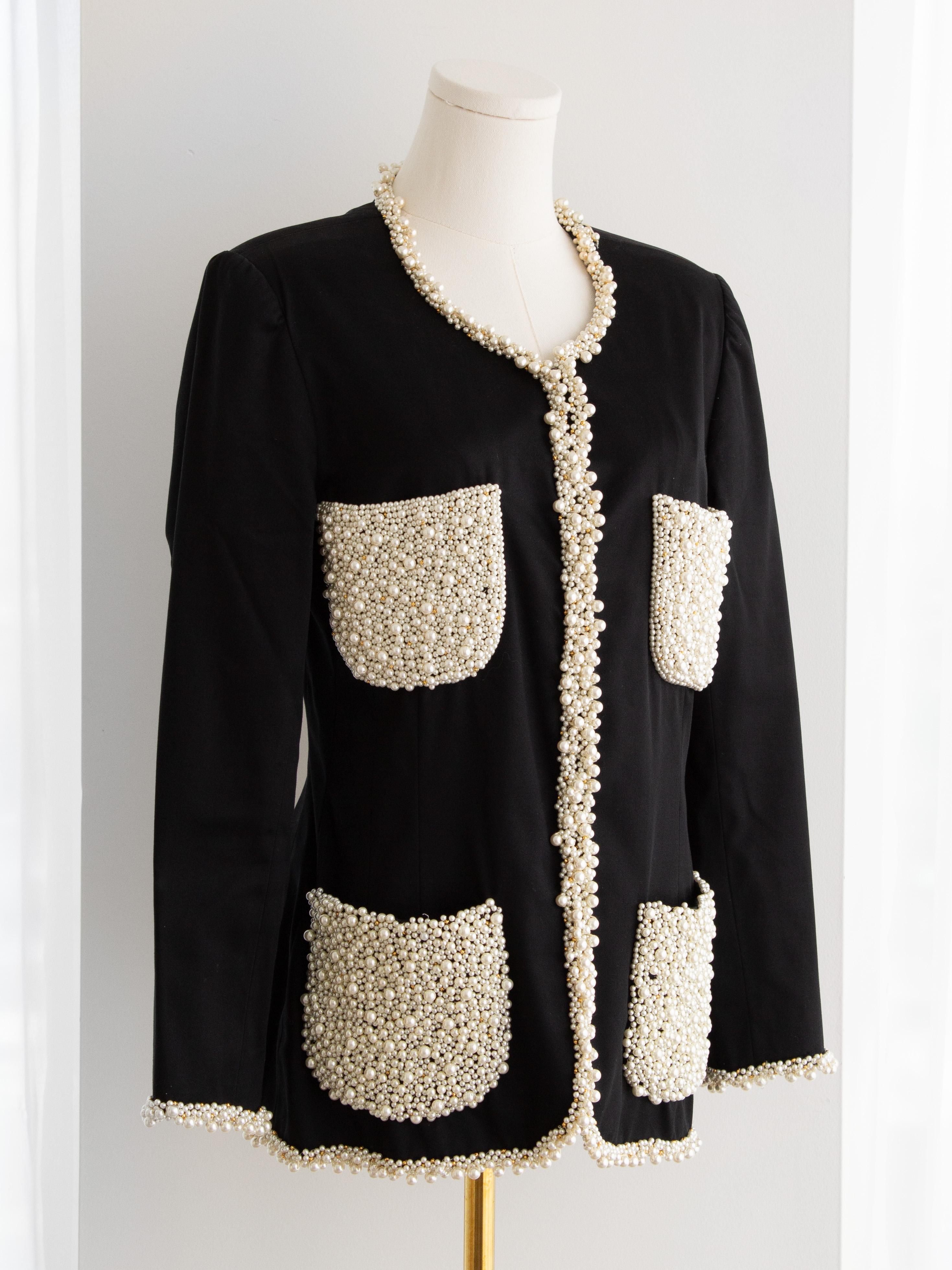 Chanel Vintage S/S 1990 Schwarz Faux Perle verschönert Seide Jacke im Angebot 2