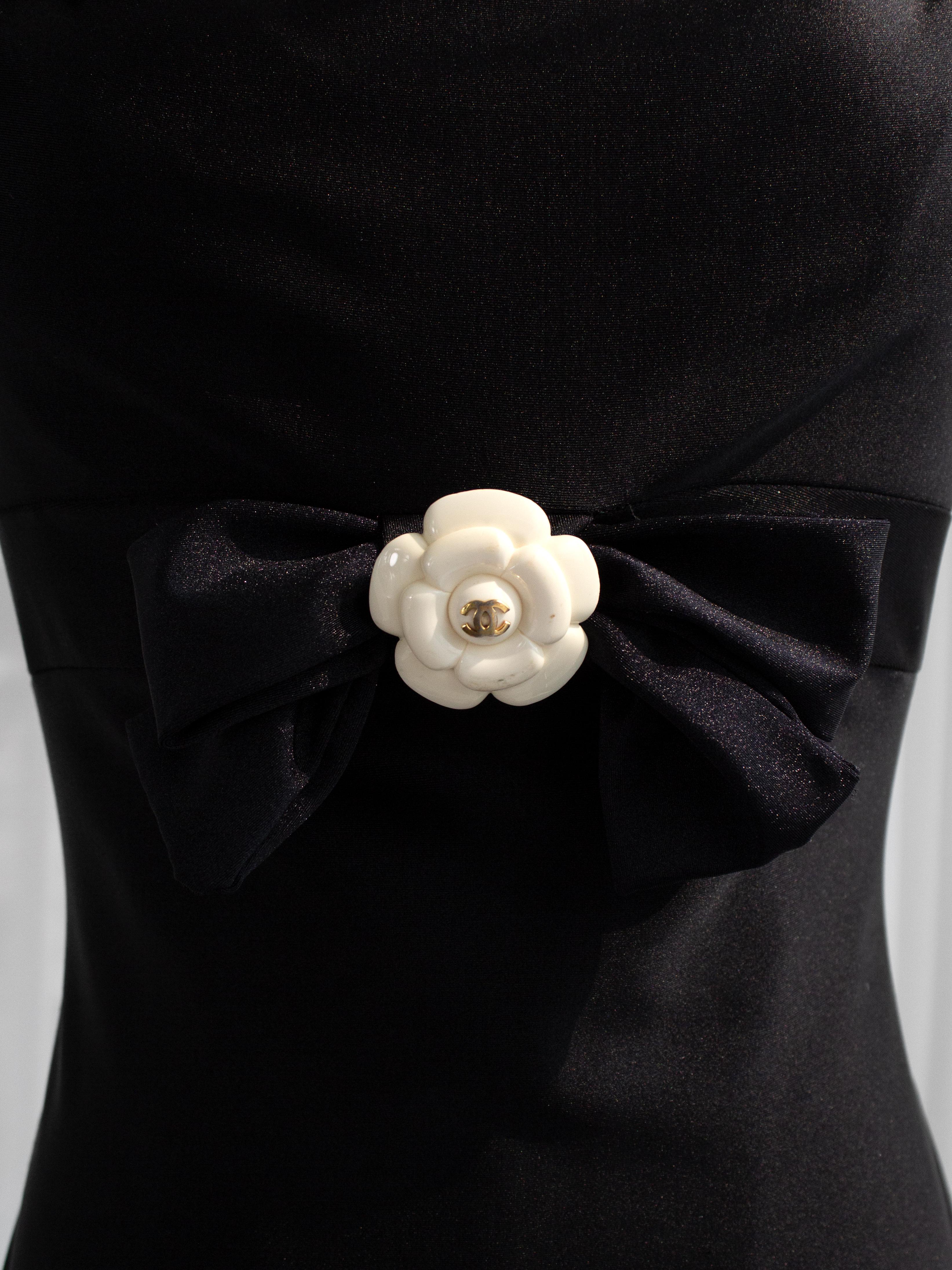 Chanel Vintage S/S 1990 Black White Camellia Flower Bow Bodysuit Swimsuit For Sale 1
