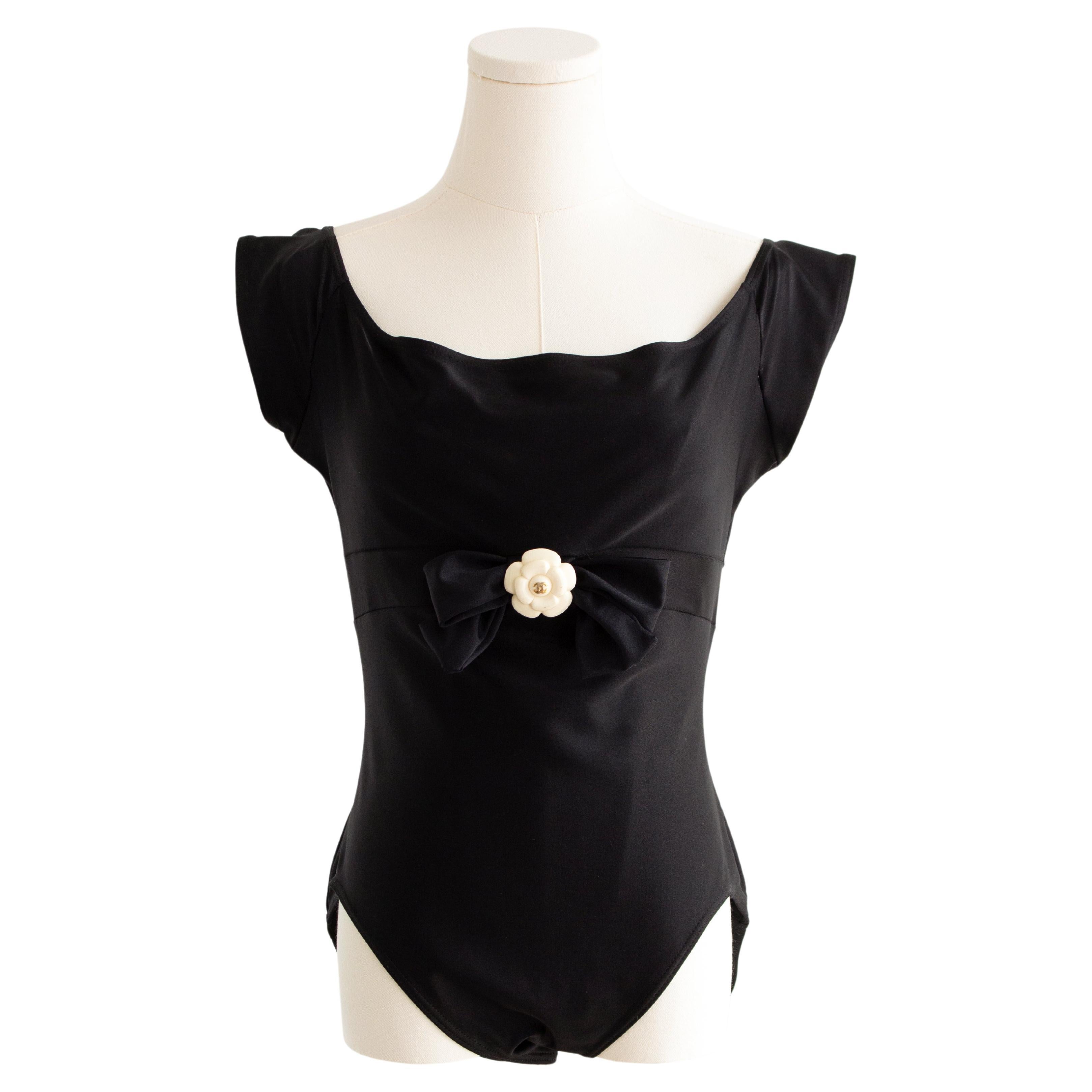 Chanel Vintage S/S 1990 Black White Camellia Flower Bow Bodysuit Swimsuit