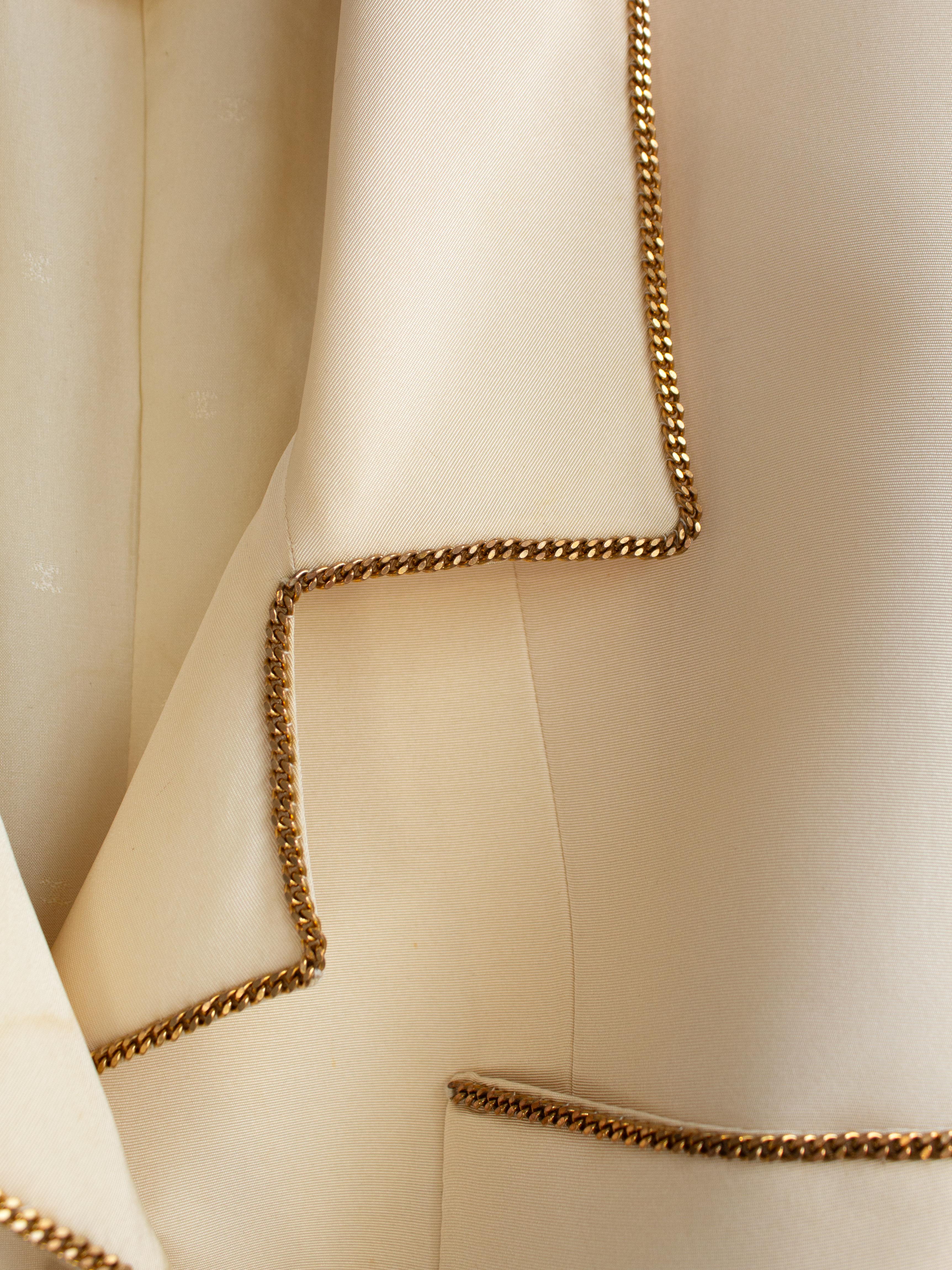 Chanel Vintage S/S 1990 Ecru Cream Silk Gold Chain Jumbo Pearl Lucite Jacket 9