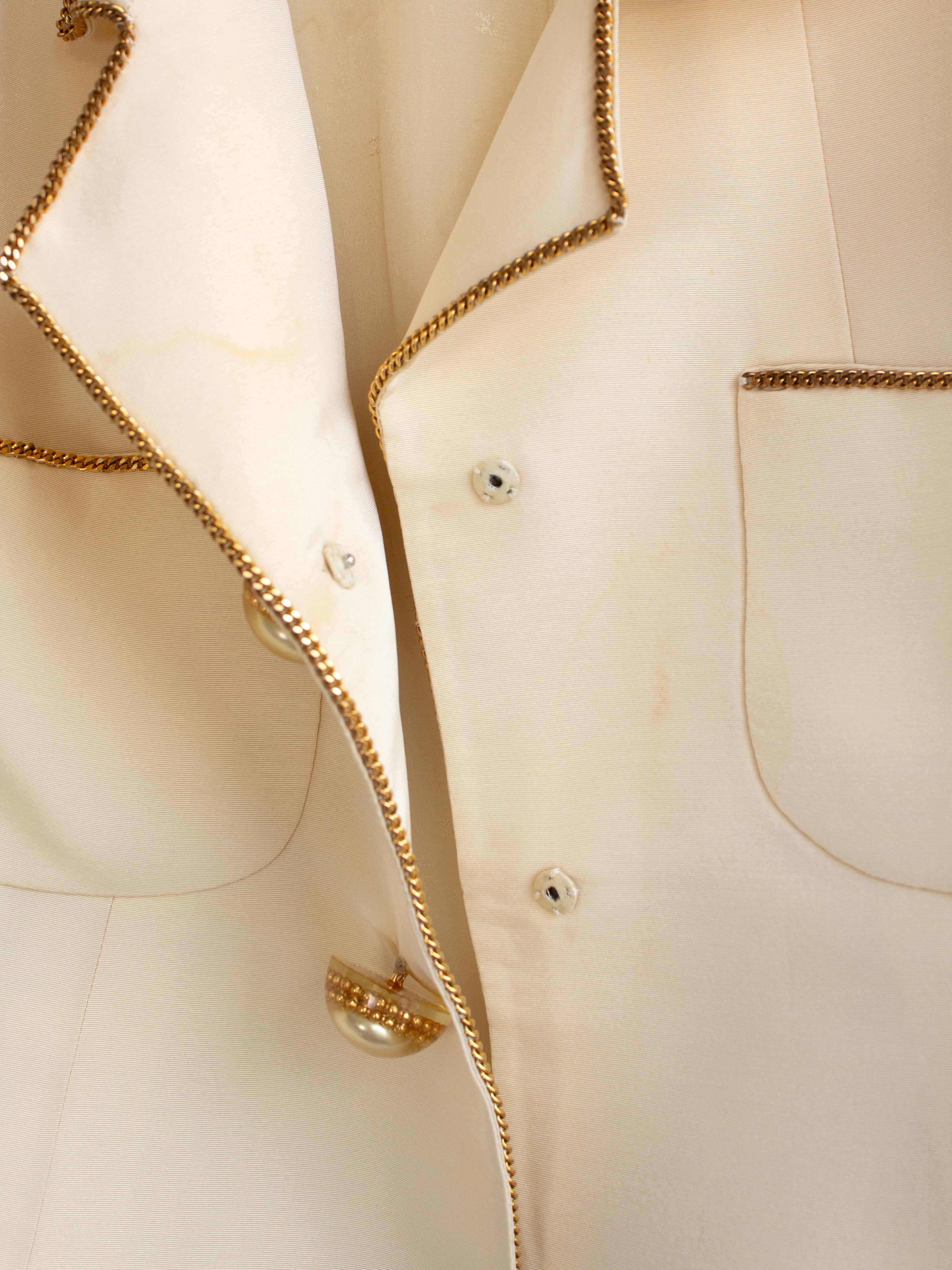 Chanel Vintage S/S 1990 Ecru Cream Silk Gold Chain Jumbo Pearl Lucite Jacket 10