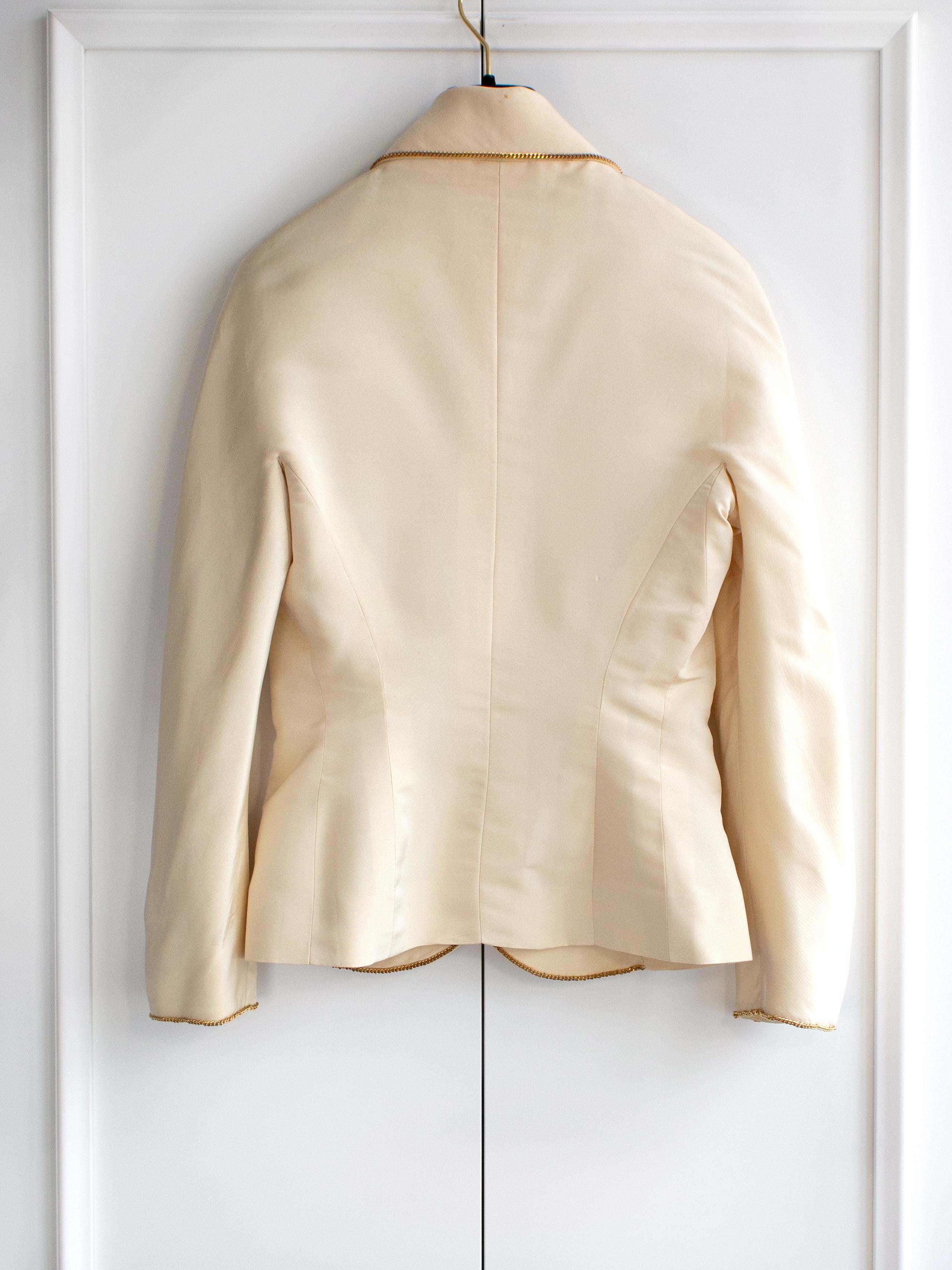 Chanel Vintage S/S 1990 Ecru Cream Silk Gold Chain Jumbo Pearl Lucite Jacket 4