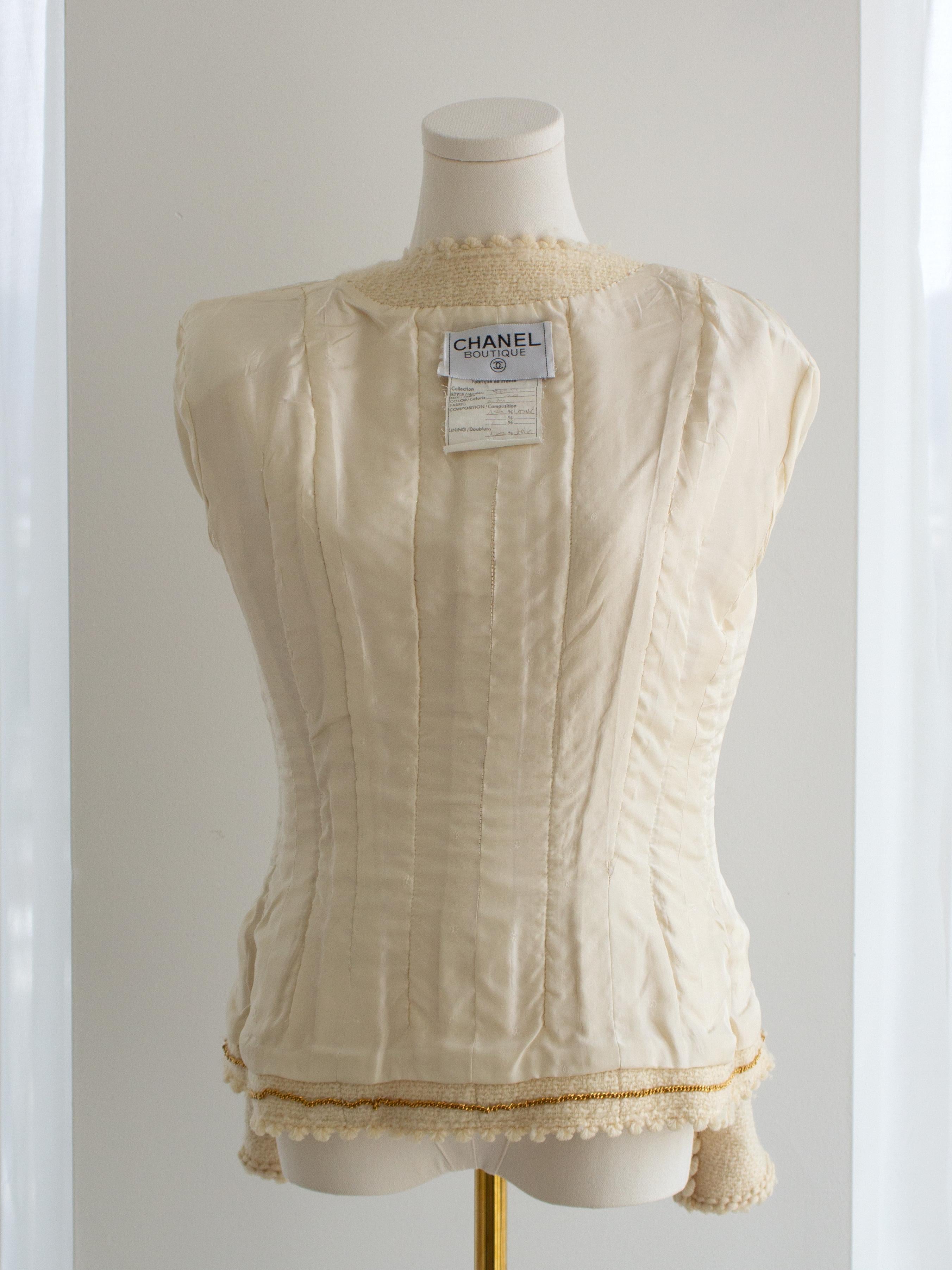 Chanel Vintage S/S 1990 Elfenbein Creme 24K Gold CC Scalloped Tweed Jacke im Angebot 12