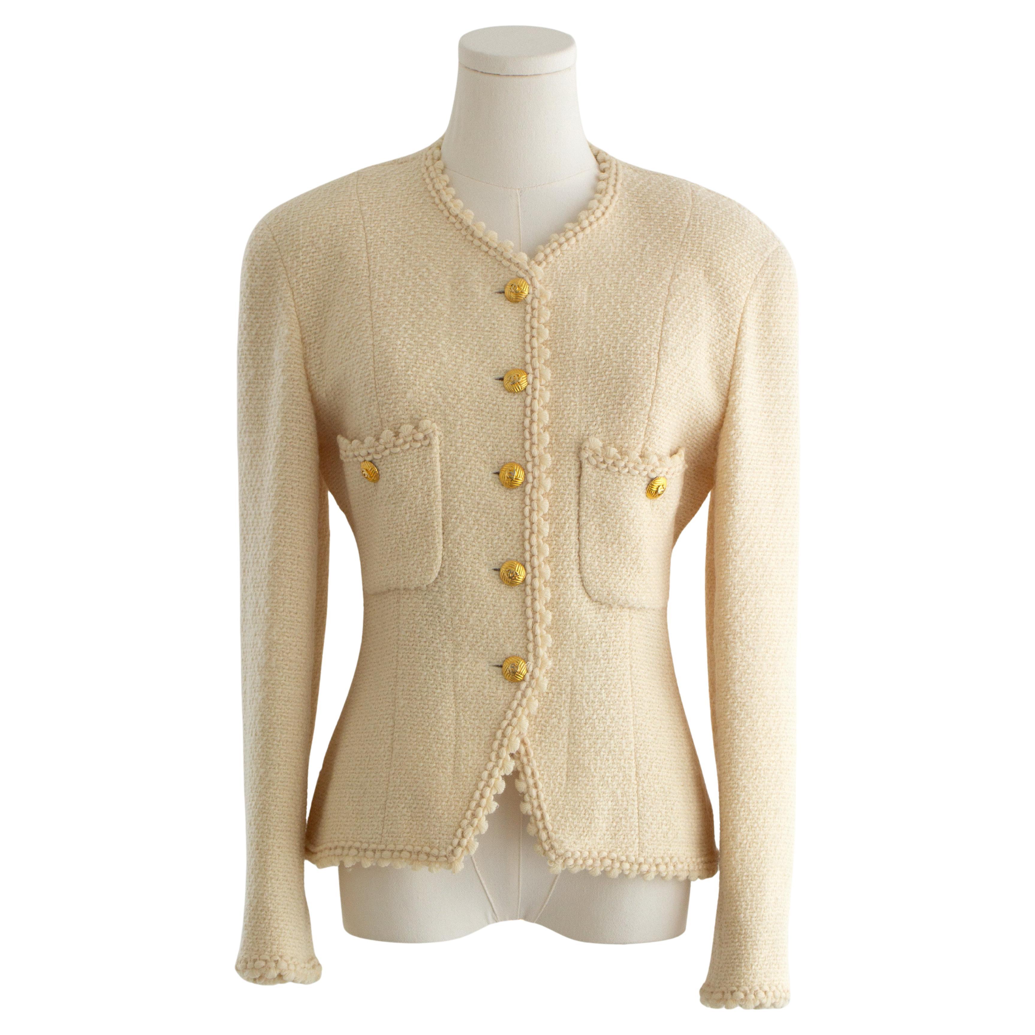 Chanel Vintage P/E 1990 Avorio Crema Oro 24K CC Giacca in tweed smerlato