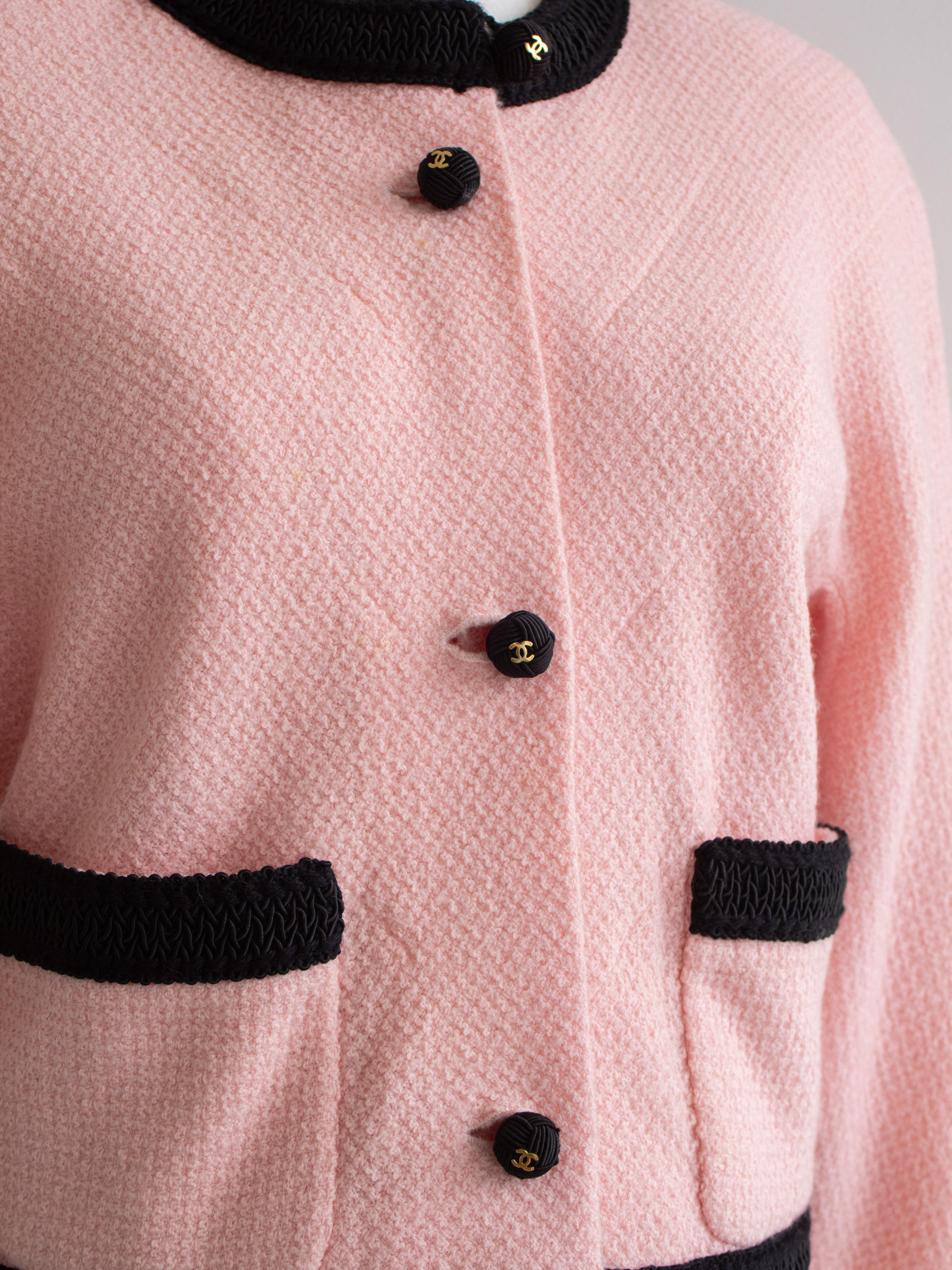 Chanel Vintage S/S 1990 Pink Black CC Tweed Jacket Skirt Suit For Sale 1