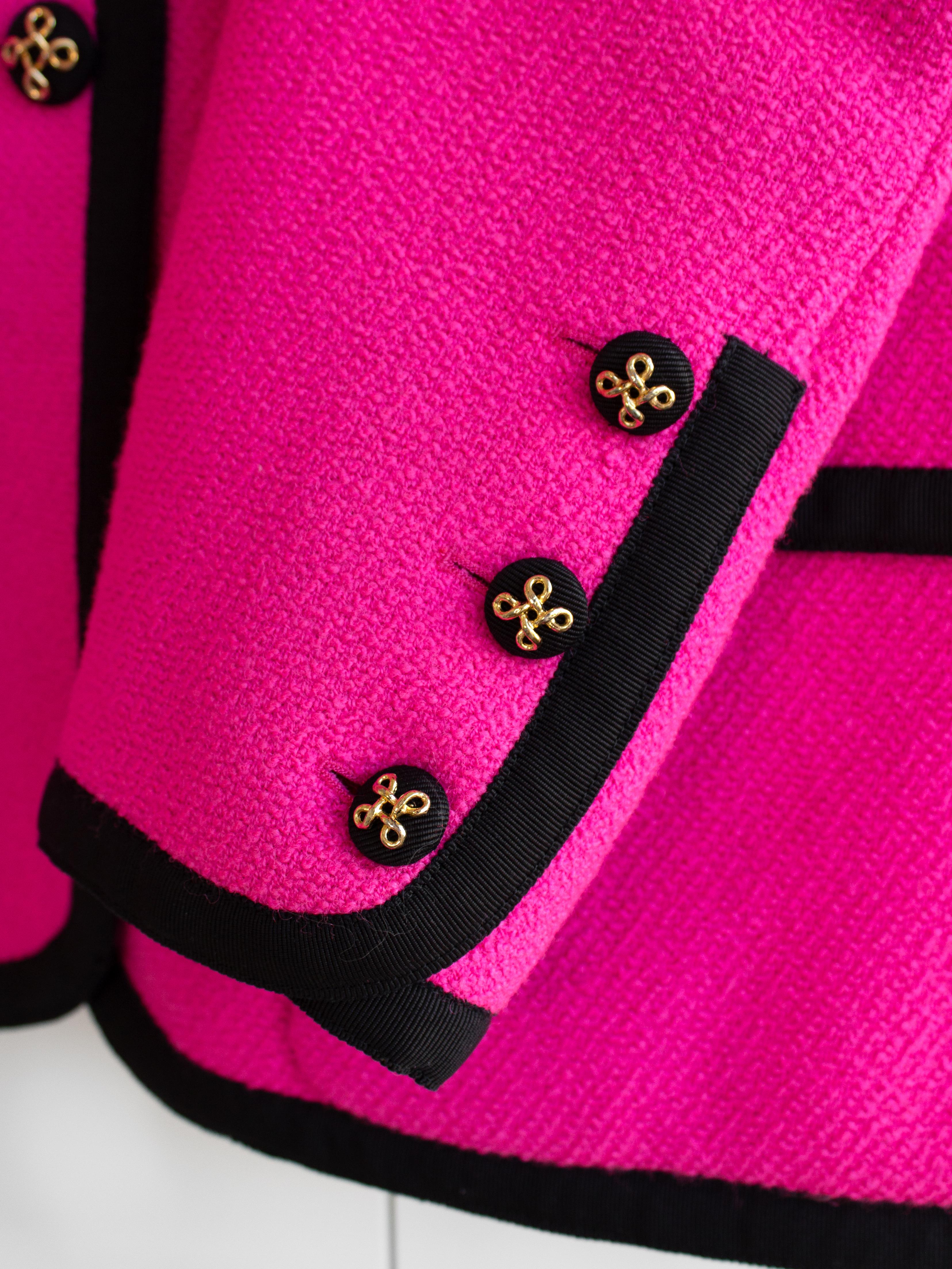 Chanel Vintage S/S 1991 Collector Fuchsia Pink Black Wool Jacket Skirt Suit en vente 6