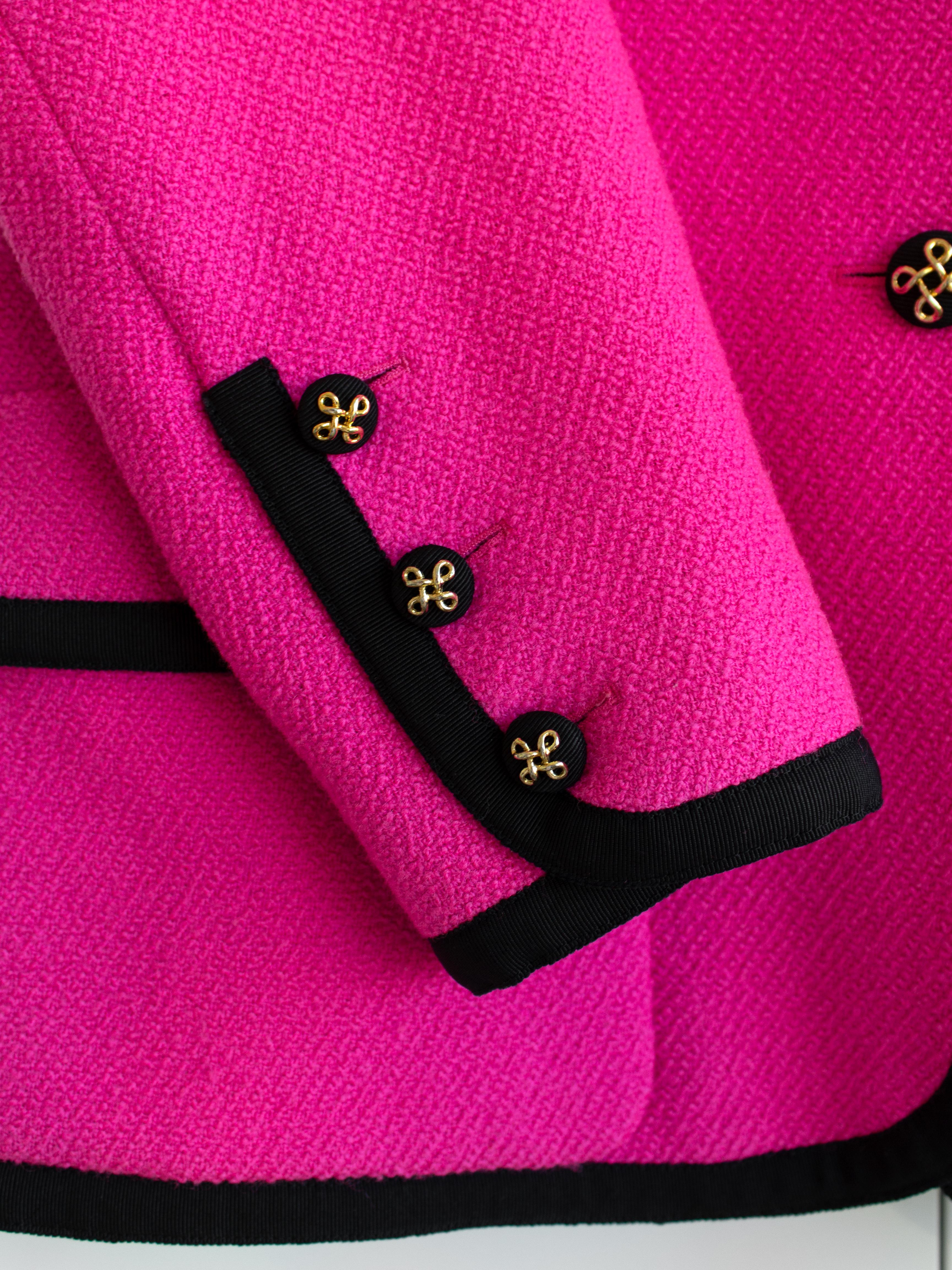 Chanel Vintage S/S 1991 Collector Fuchsia Pink Black Wool Jacket Skirt Suit en vente 3