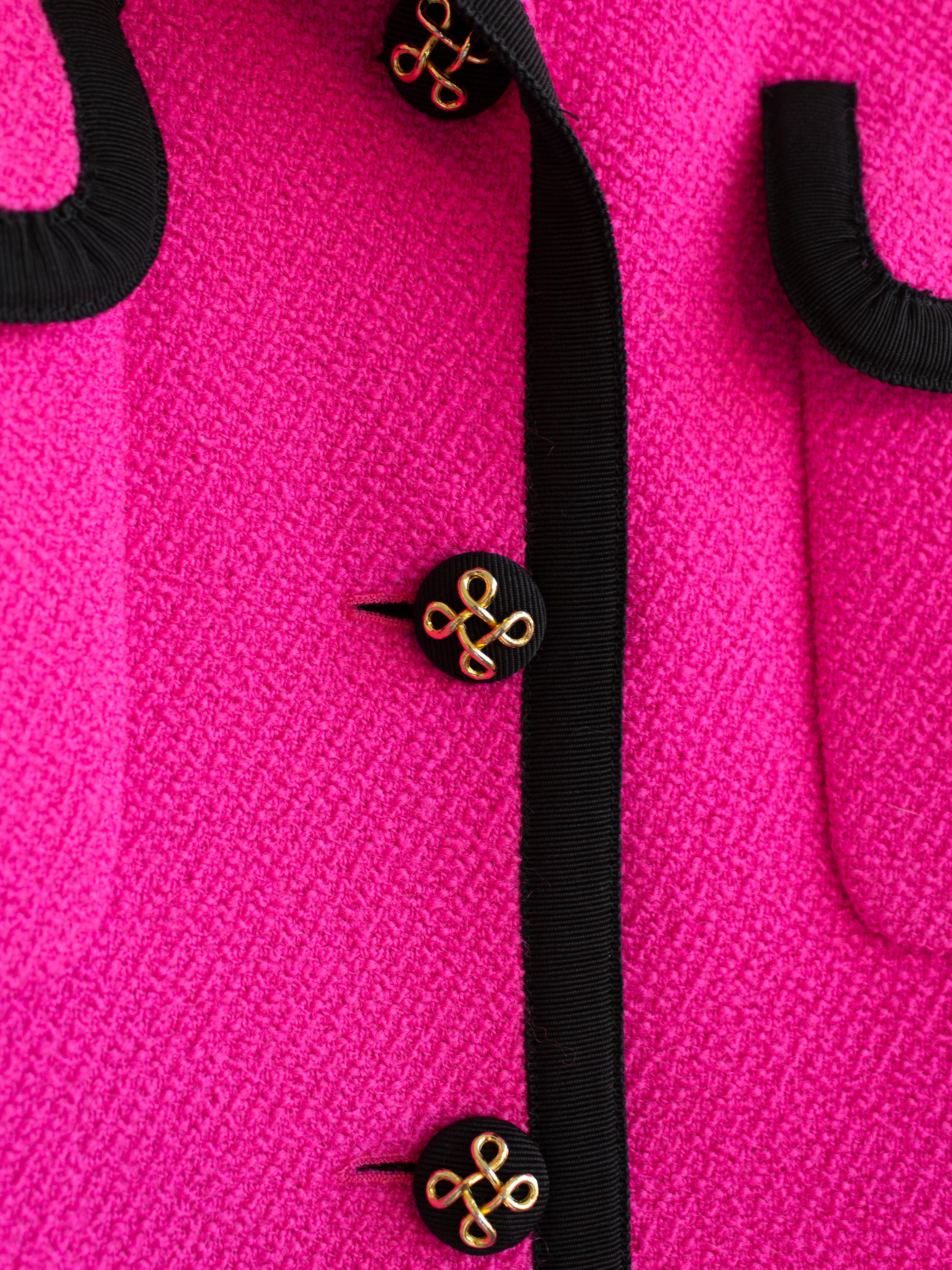 Chanel Vintage S/S 1991 Collector Fuchsia Pink Black Wool Jacket Skirt Suit en vente 5