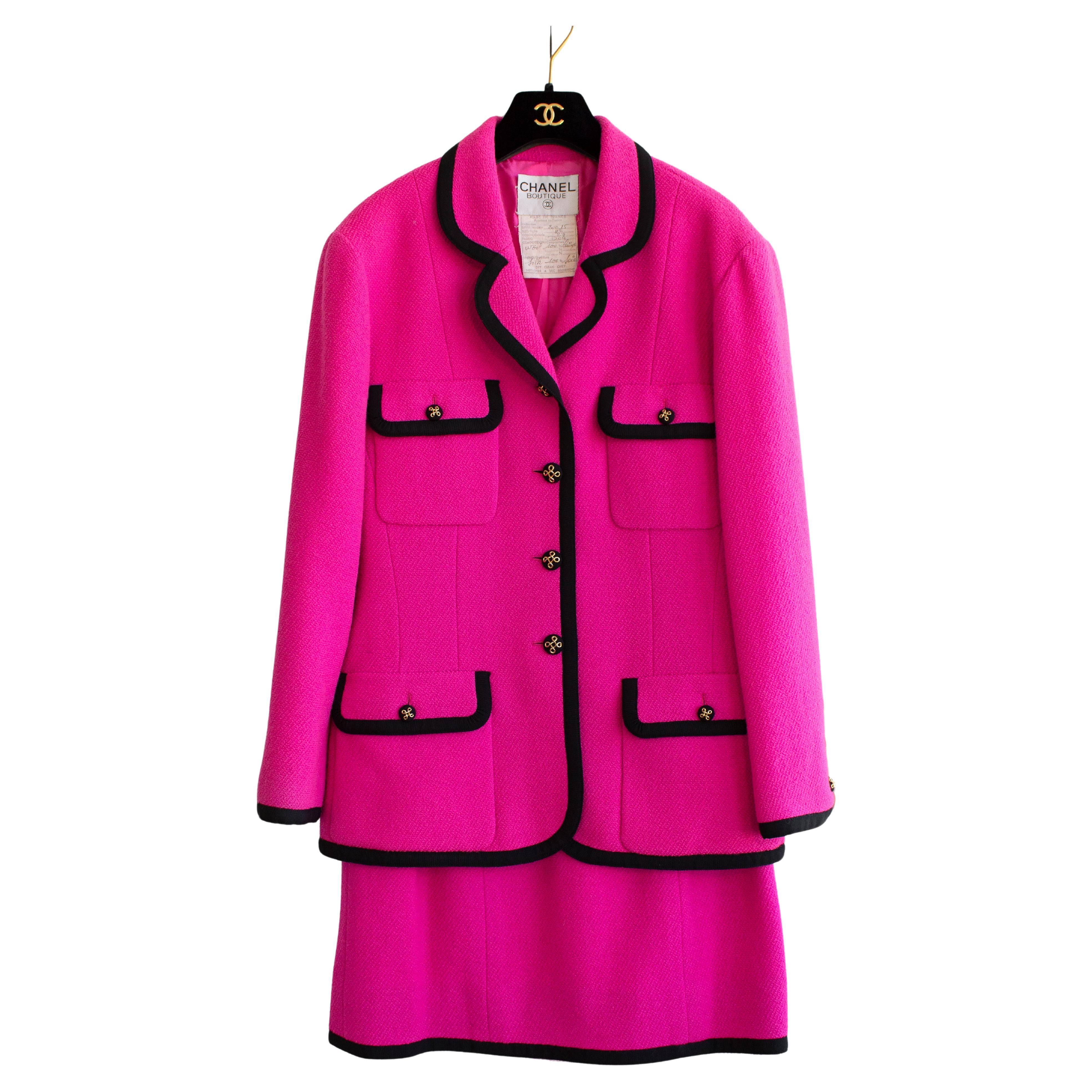 Chanel Vintage S/S 1991 Collector Fuchsia Pink Black Wool Jacket Skirt Suit For Sale