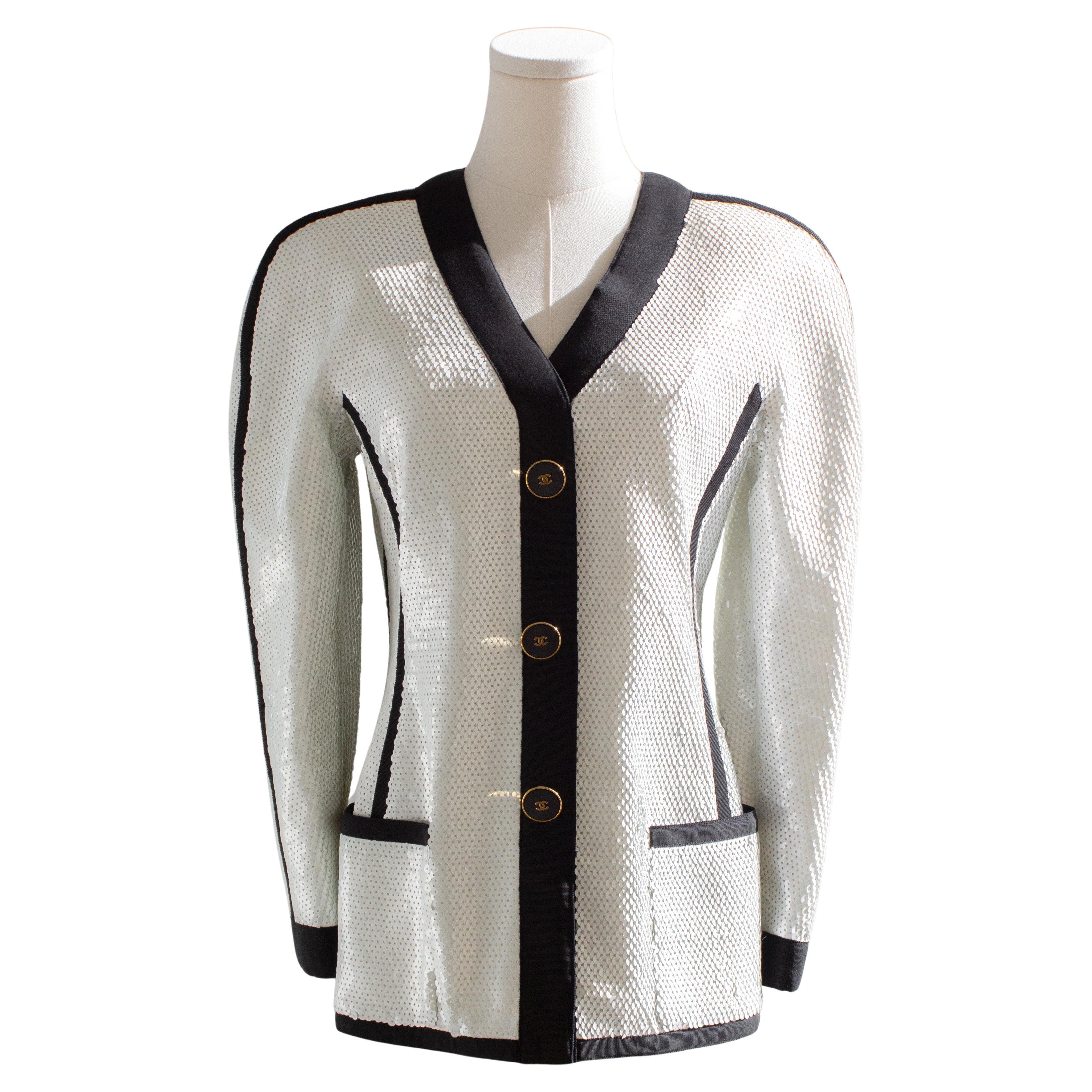 Chanel Vintage S/S 1991 Collector White Black Sequin CC Scuba Jacket For Sale