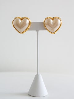 Chanel Vintage S/S 1992 Collection 28 Gold-Plated Faux Pearl Hearts Earrings