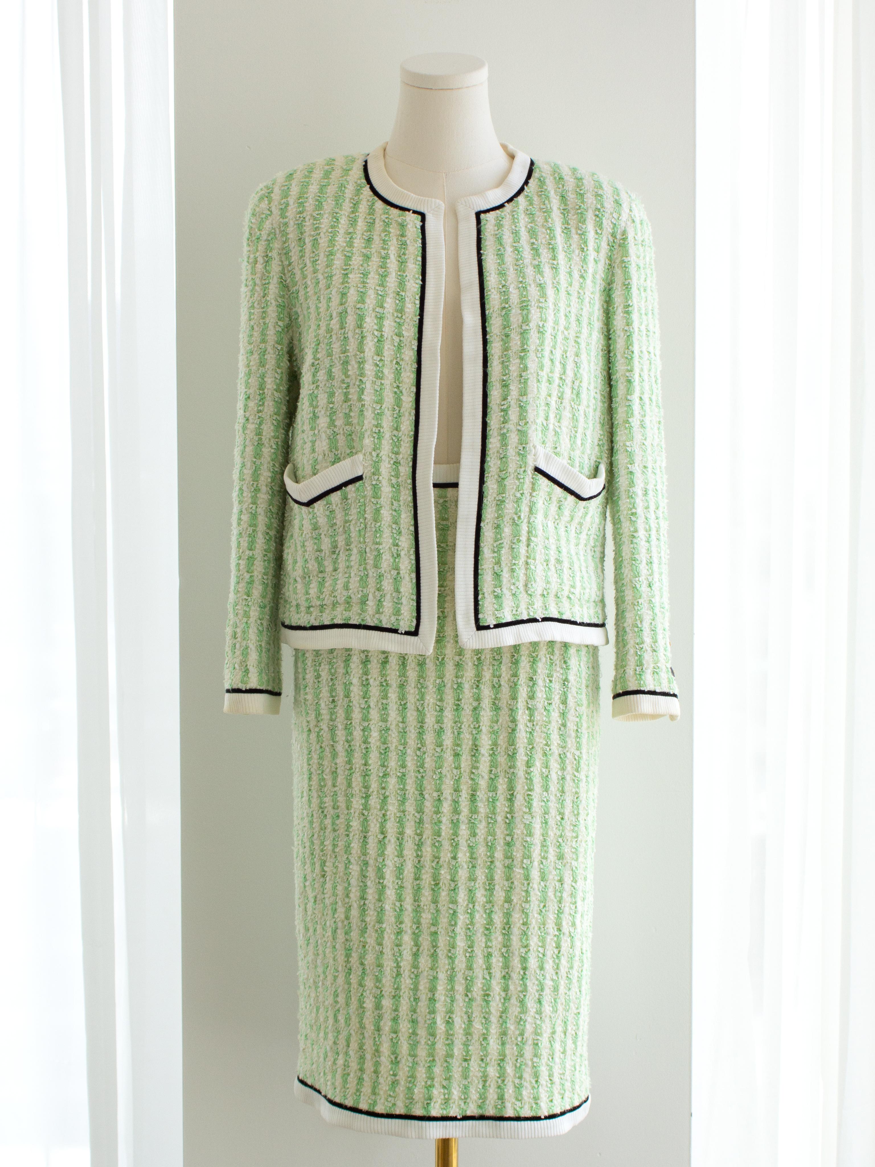 Donna Chanel Vintage S/S 1992 Verde Bianco Fantasia Tweed Giacca Gonna Abito