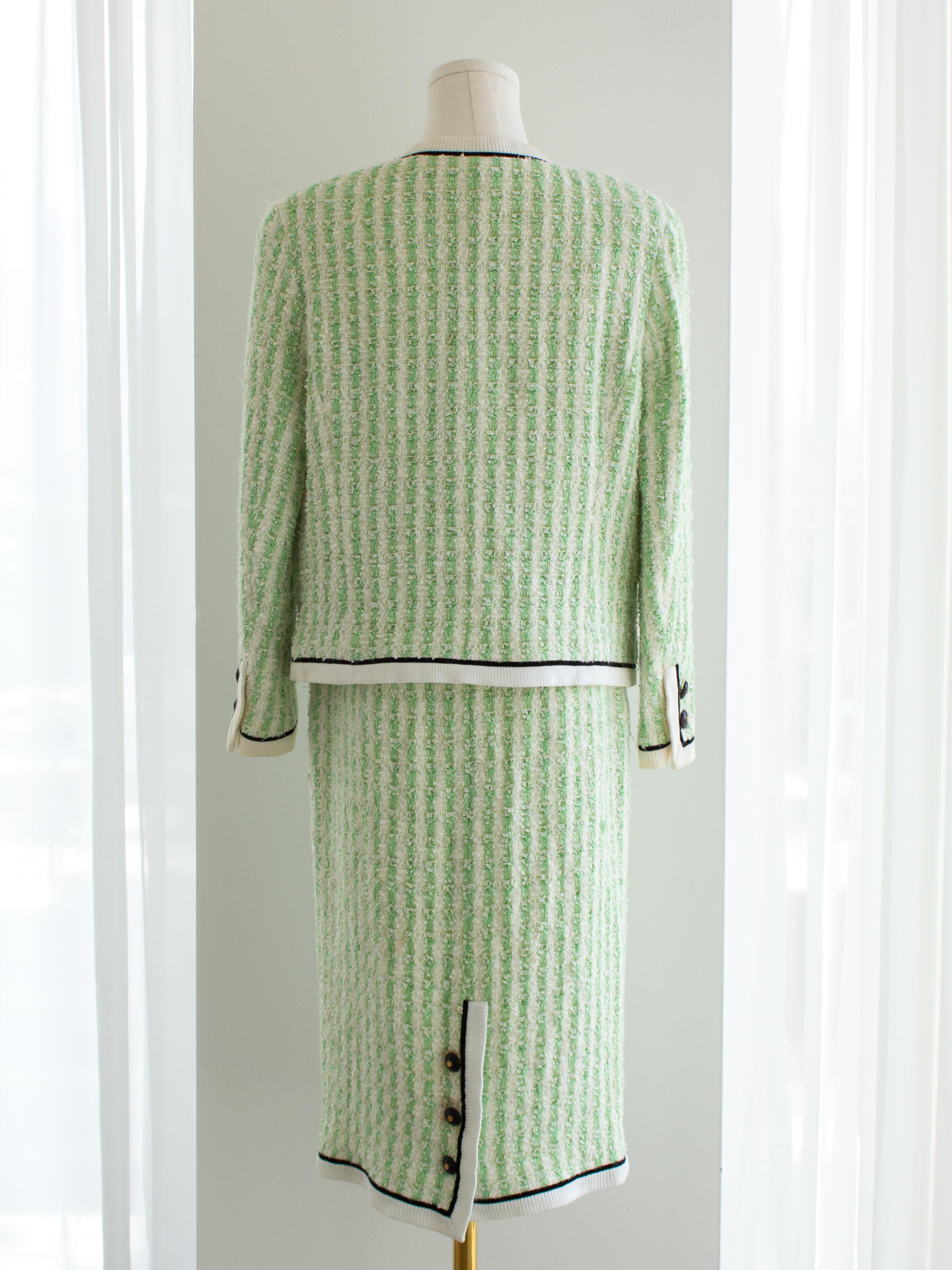 Chanel Vintage S/S 1992 Verde Bianco Fantasia Tweed Giacca Gonna Abito 4