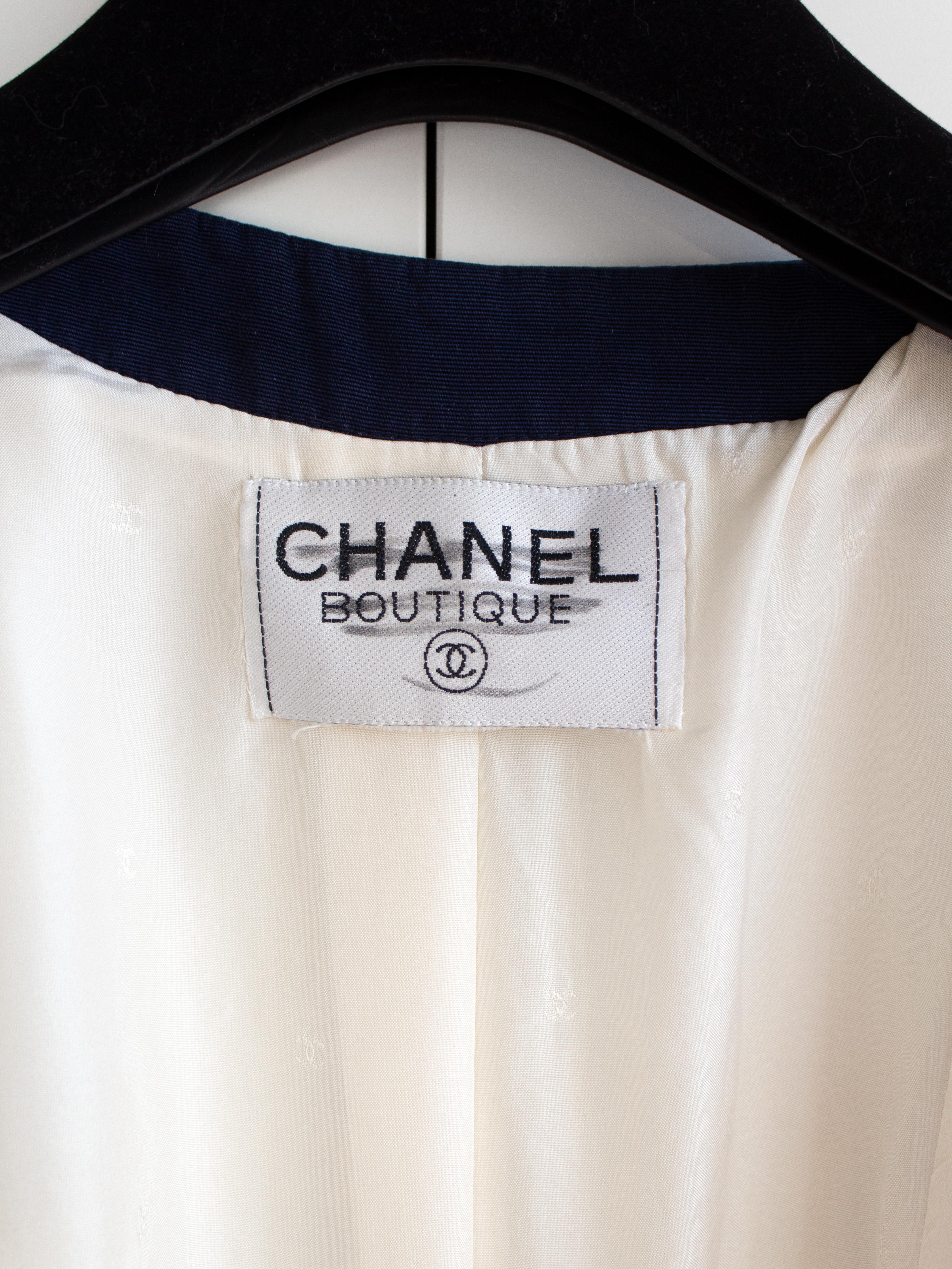 Chanel Vintage S/S 1992 Runway White Navy Lucite Gold Camellia Cotton Jacket 8