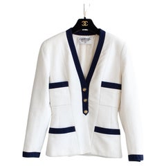 Chanel Vintage S/S 1992 Runway White Navy Lucite Gold Camellia Cotton Jacket