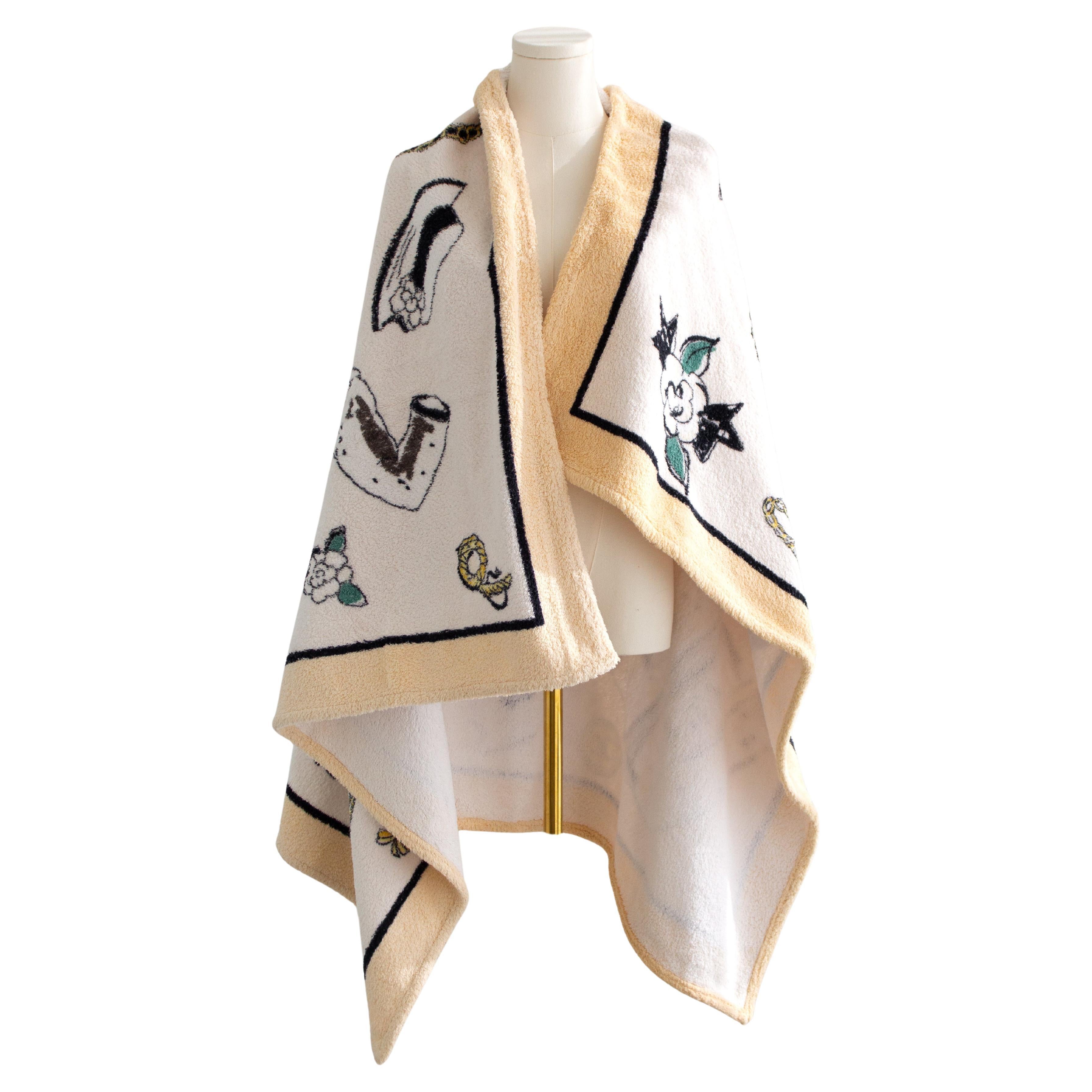 Chanel Vintage S/S 1994 Beige White Printed Terrycloth 94P Beach Towel For Sale