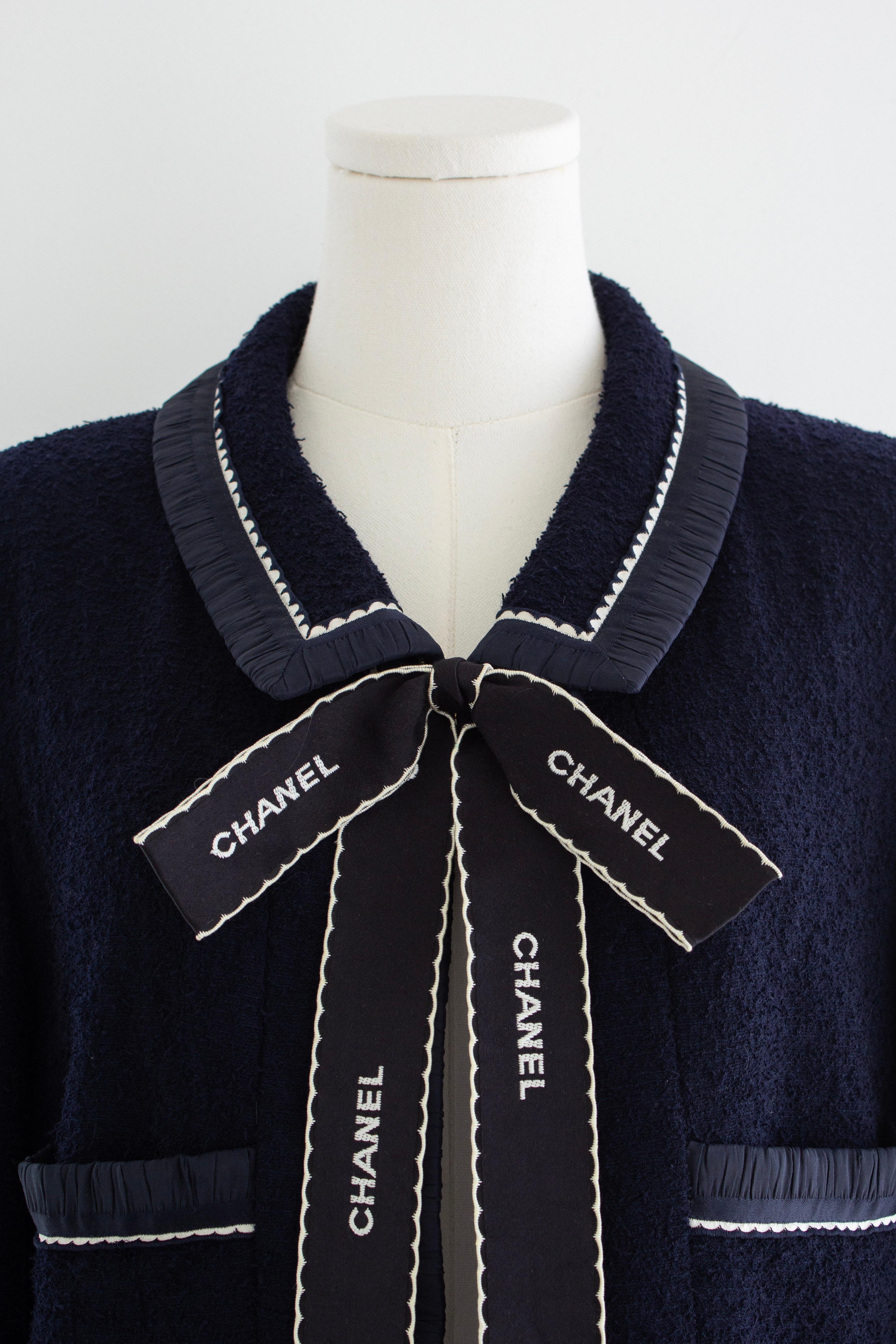 Chanel Vintage S/S 1994 Navy Blue Logo Bow 94P Jacket Skirt Suit