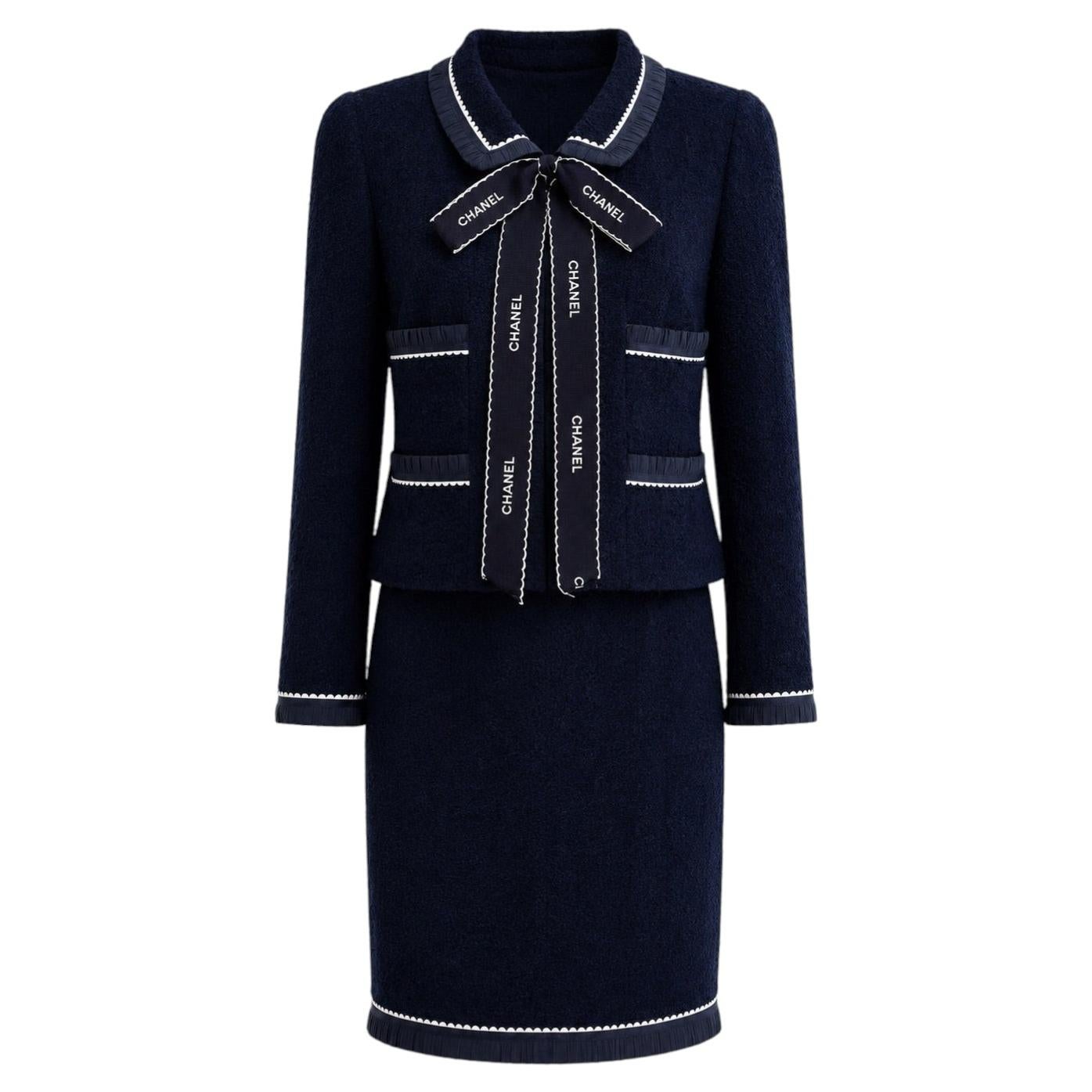 Chanel Vintage S/S 1994 Navy Blue Logo Bow 94P Jacket Skirt Suit