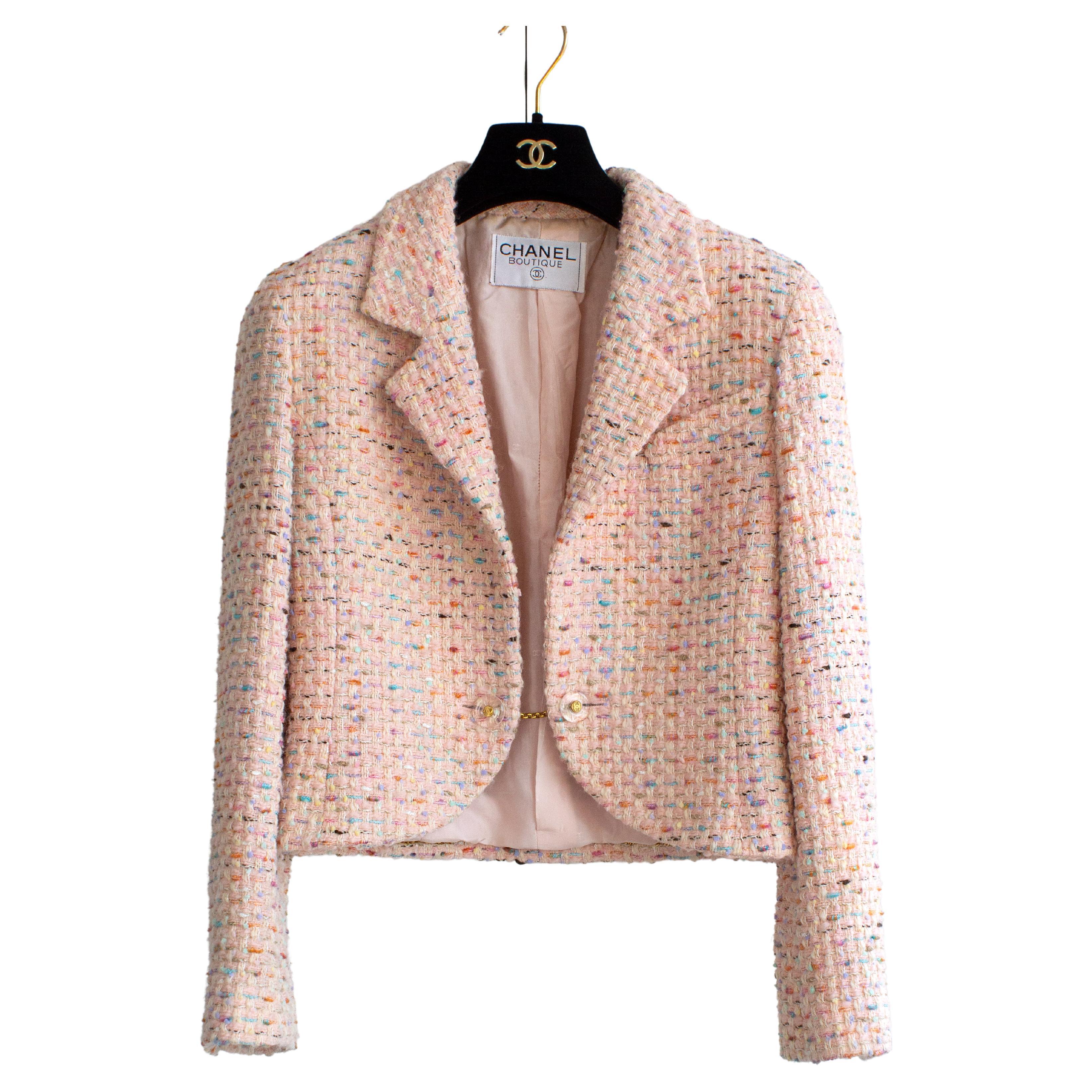 Chanel Vintage S/S 1994 Pink Multicolor Tweed Lucite CC 94P Cropped Jacket  at 1stDibs