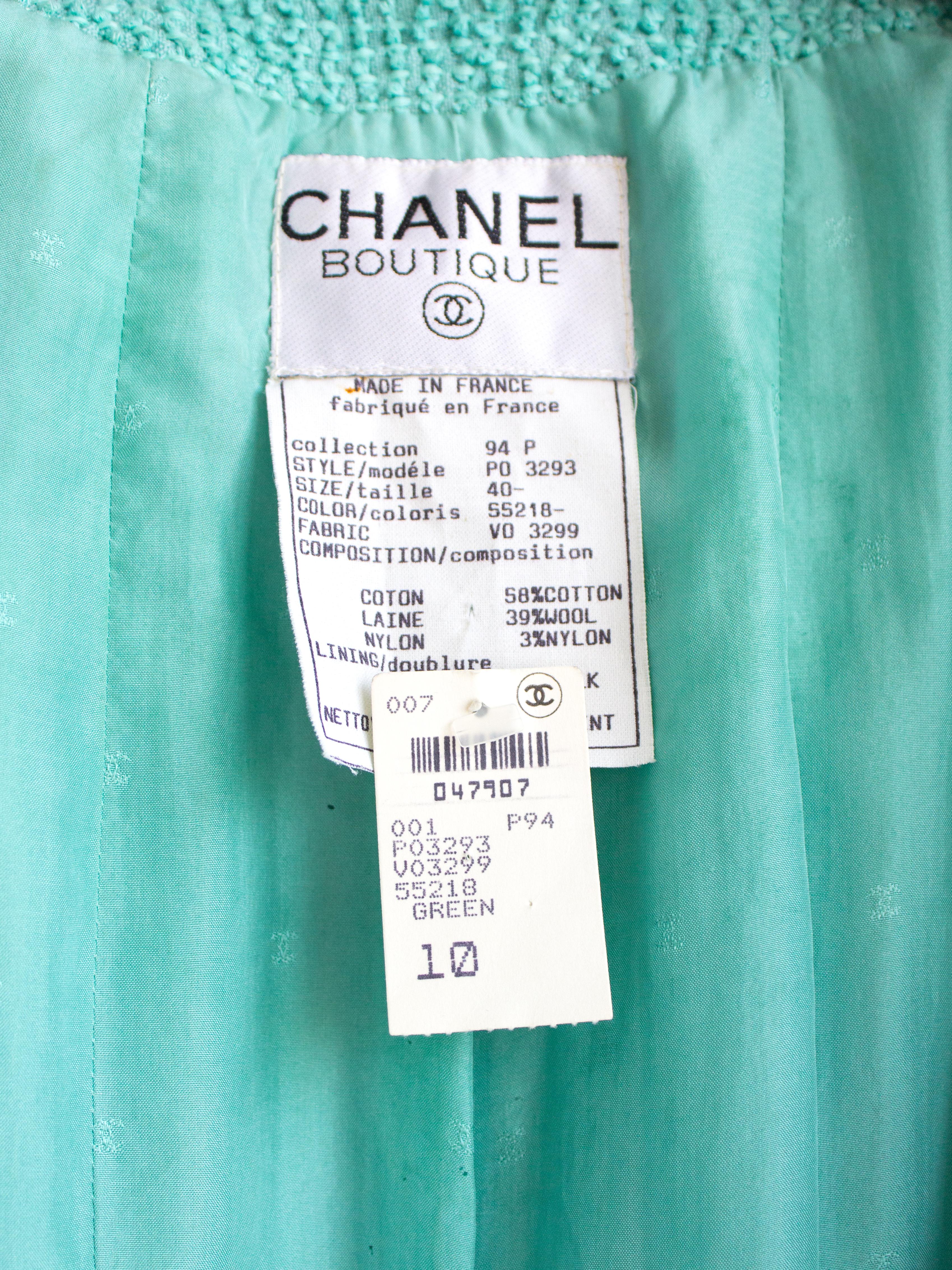 Chanel Vintage S/S 1994 Runway Turquoise Blue Scoubidou Tweed 94P Jacket Suit For Sale 7