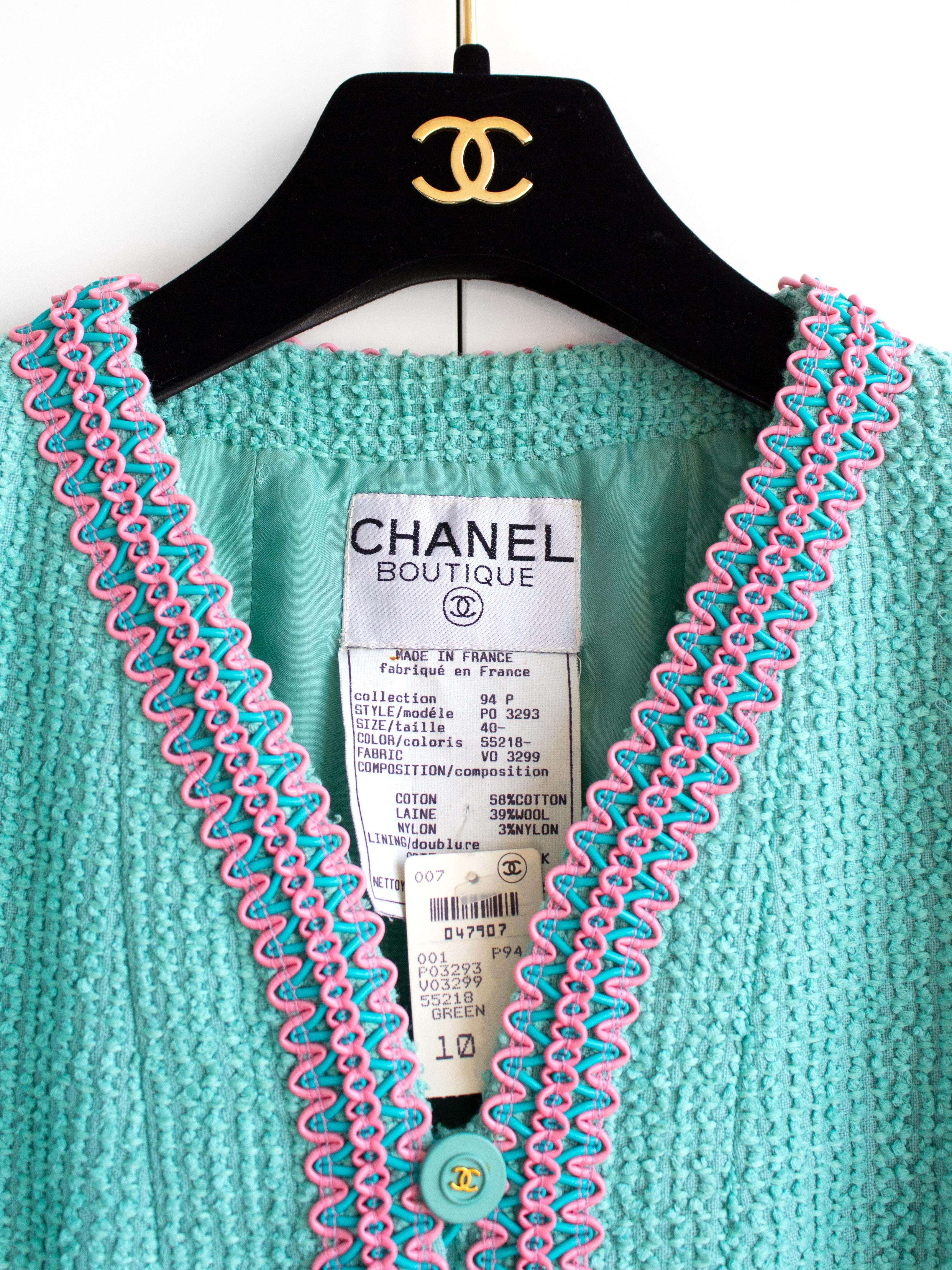 Chanel Vintage S/S 1994 Runway Turquoise Blue Scoubidou Tweed 94P Jacket Suit For Sale 1