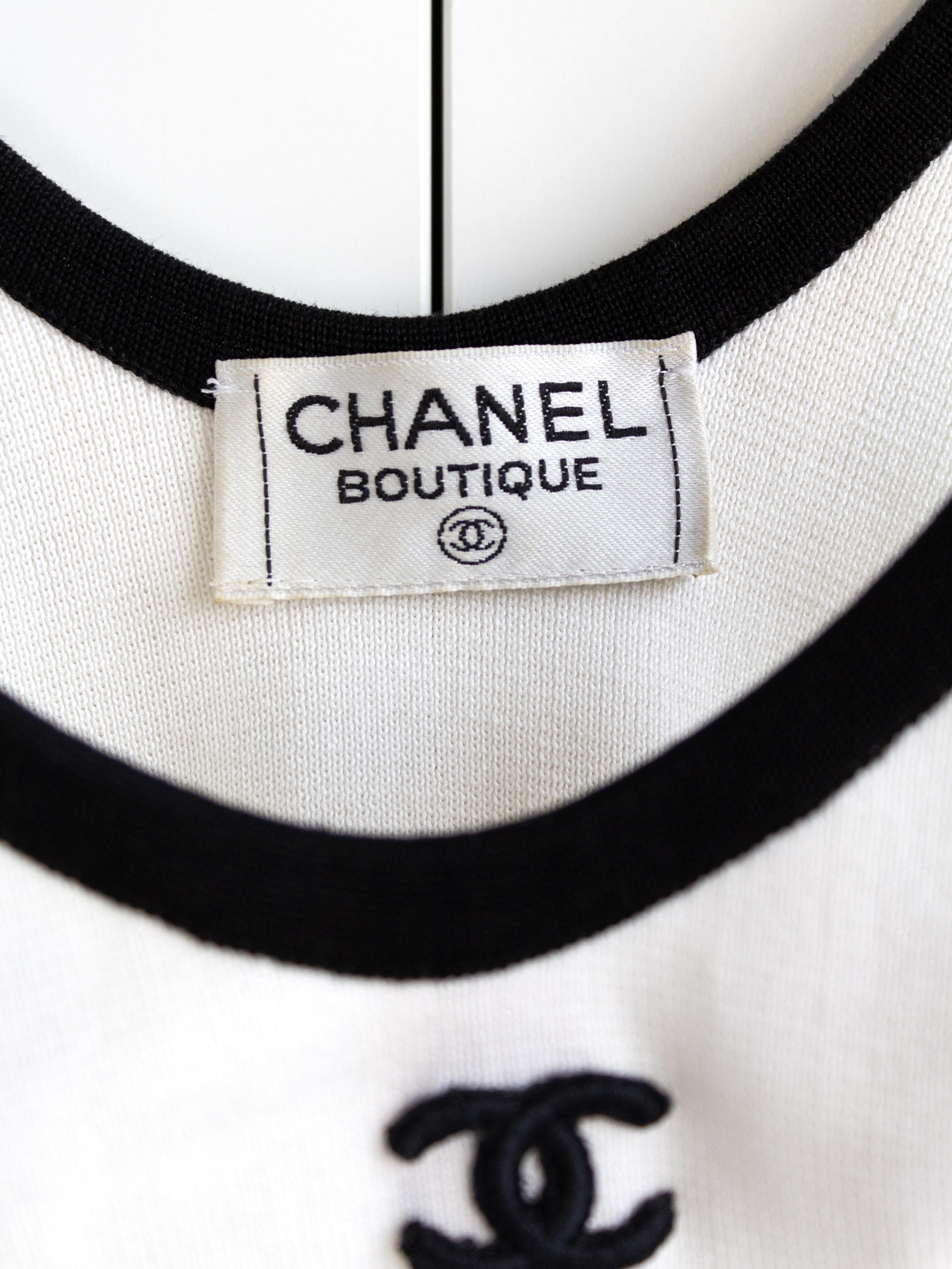 Women's Chanel Vintage S/S 1994 White Black Trim CC Logo 94P Knit Bodysuit