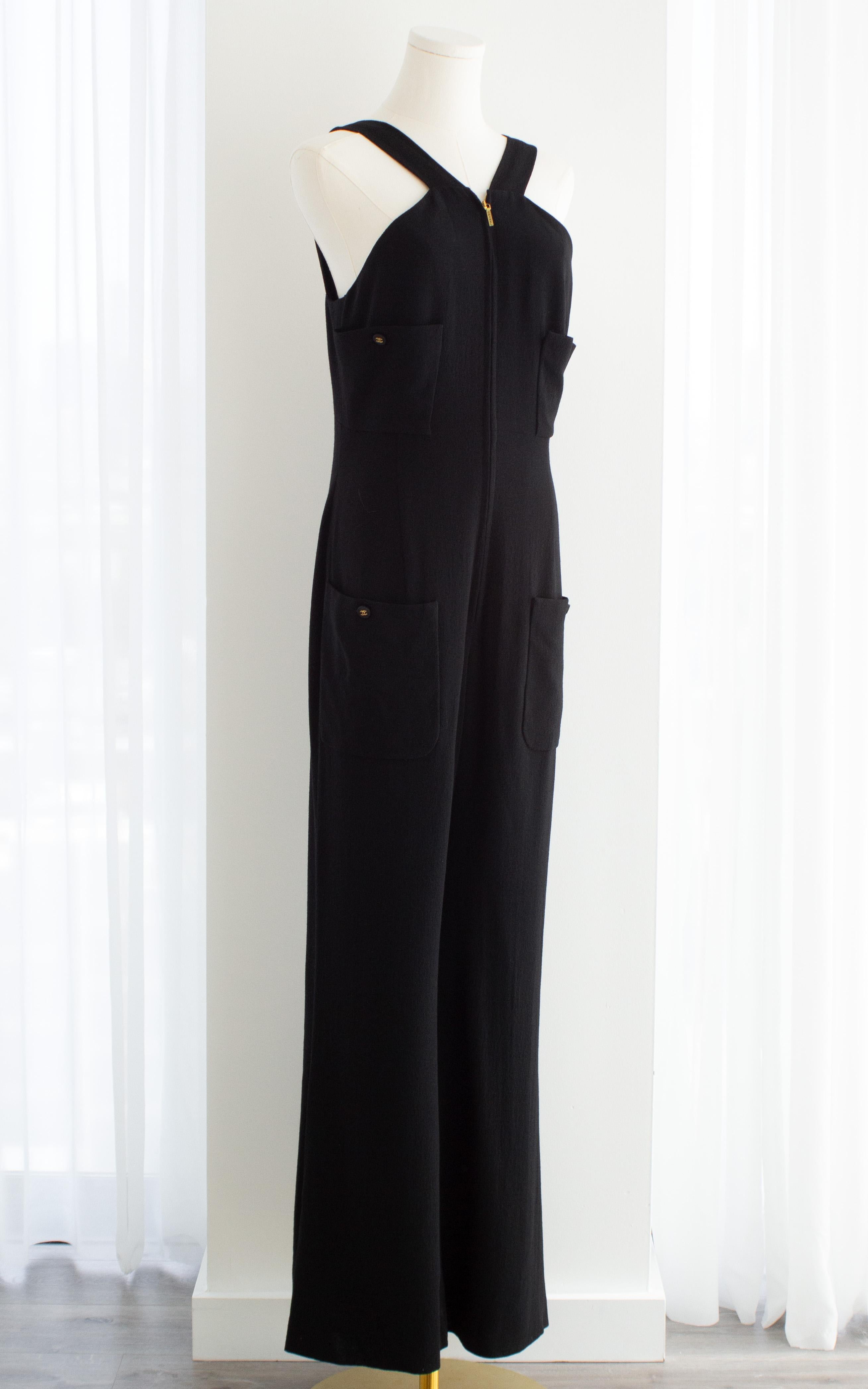 Chanel Vintage S/S 1995 Barbie Black Gold Zip CC 95P Jumpsuit For Sale 6