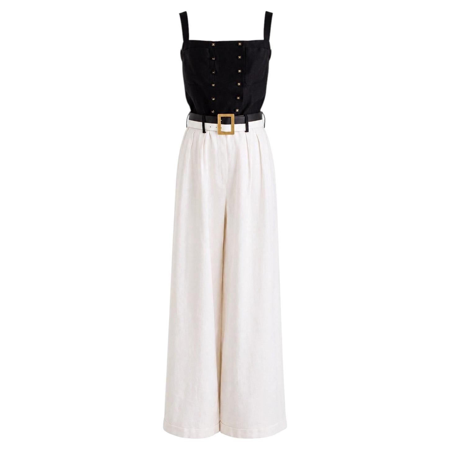 Chanel Vintage S/S 1995 Barbie Black White CC 95P Belt Linen Jumpsuit For Sale