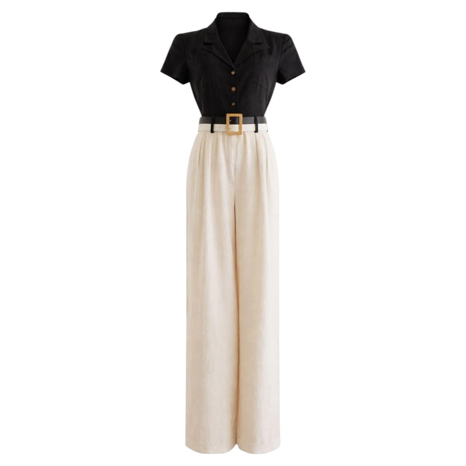 Chanel Vintage S/S 1995 Barbie Black White CC Belt Linen Jumpsuit 95P
