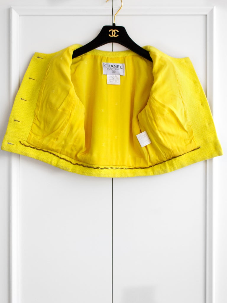 Chanel Vintage S/S 1995 Barbie Cropped Yellow Black 95P Jacket Corset Skirt  Suit