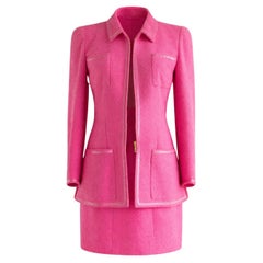 Chanel Vintage S/S 1995 “Barbie” Pink Tweed Gold Zip 95P Jacket & Skirt Set