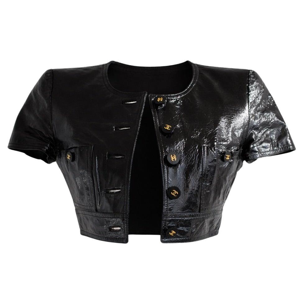 Chanel Vintage S/S 1995 Cropped Black Patent Leather 95P Jacket