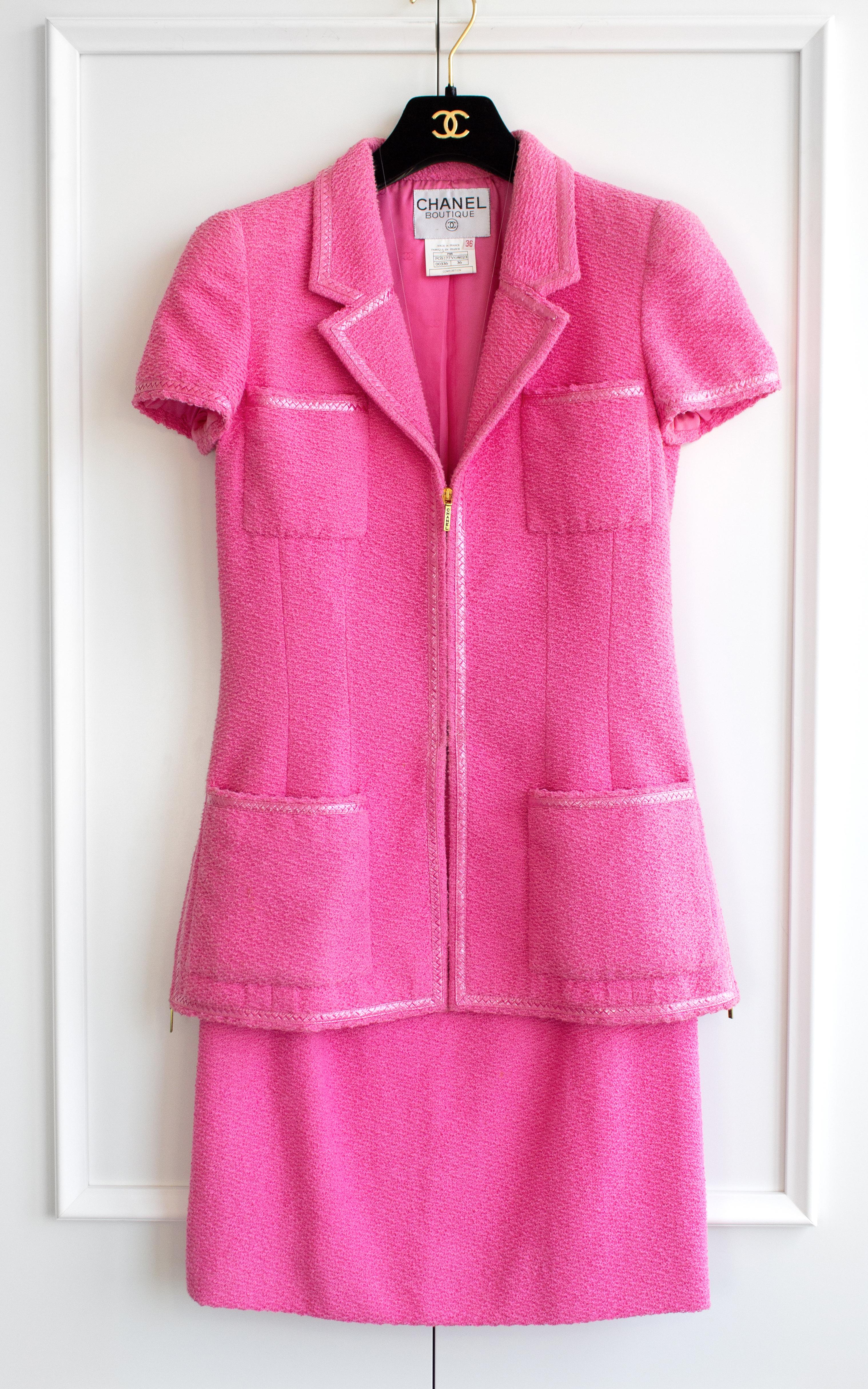 Chanel Vintage S/S 1995 Pink Barbie Gold Zip Tweed 95P Jacket Skirt Suit 1