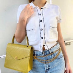 Chanel Vintage S/S 1996 White Black Stitched Rib Knit 96P Top Cardigan