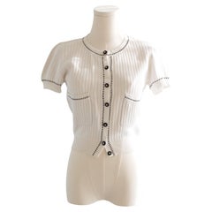 Chanel Vintage S/S 1996 White Black Stitched Rib Knit 96P Top Cardigan