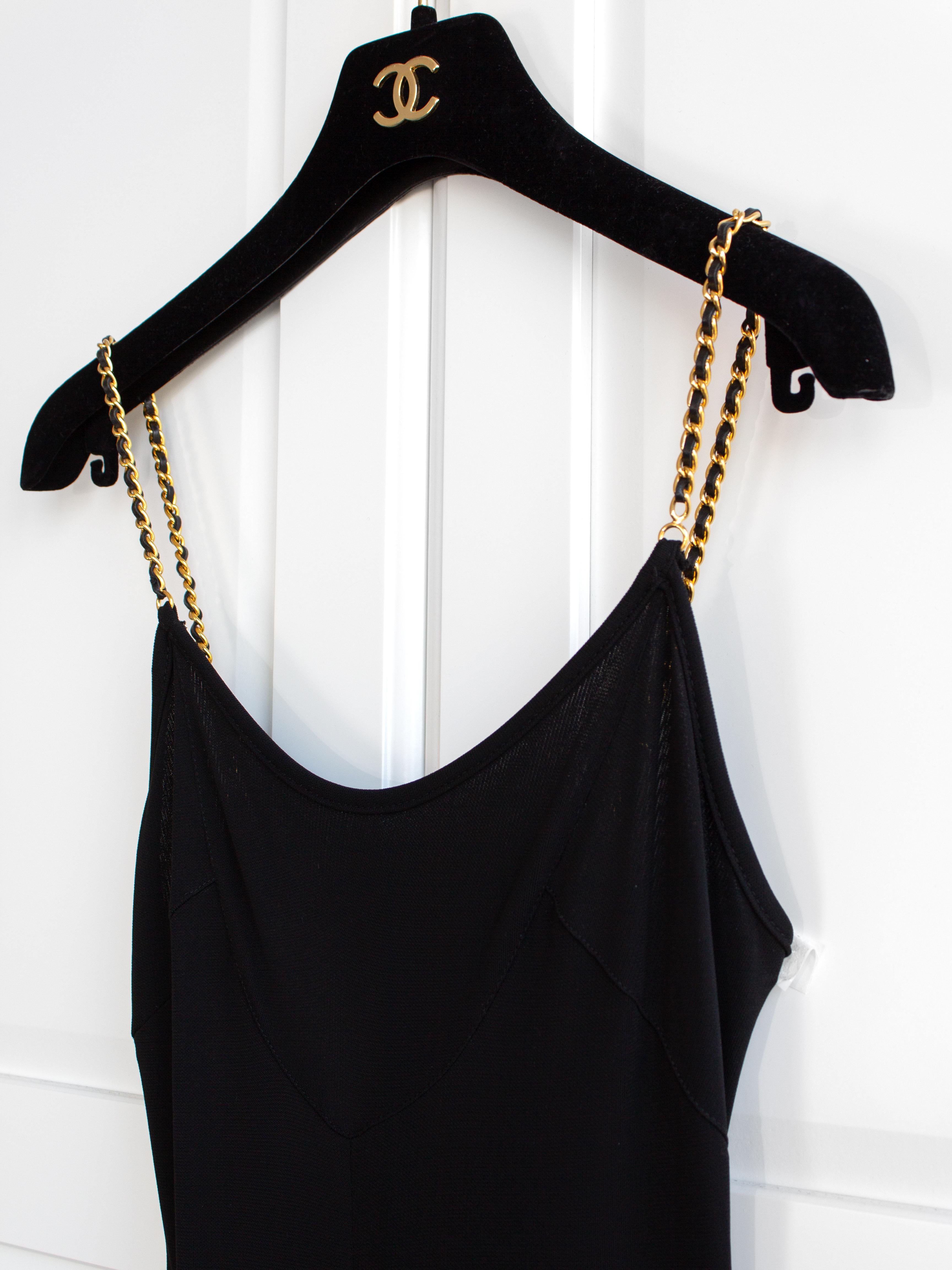 Chanel Vintage S/S 1997 Black Gold Chain Straps Skater LBD Mini 97P Dress In Good Condition In Jersey City, NJ