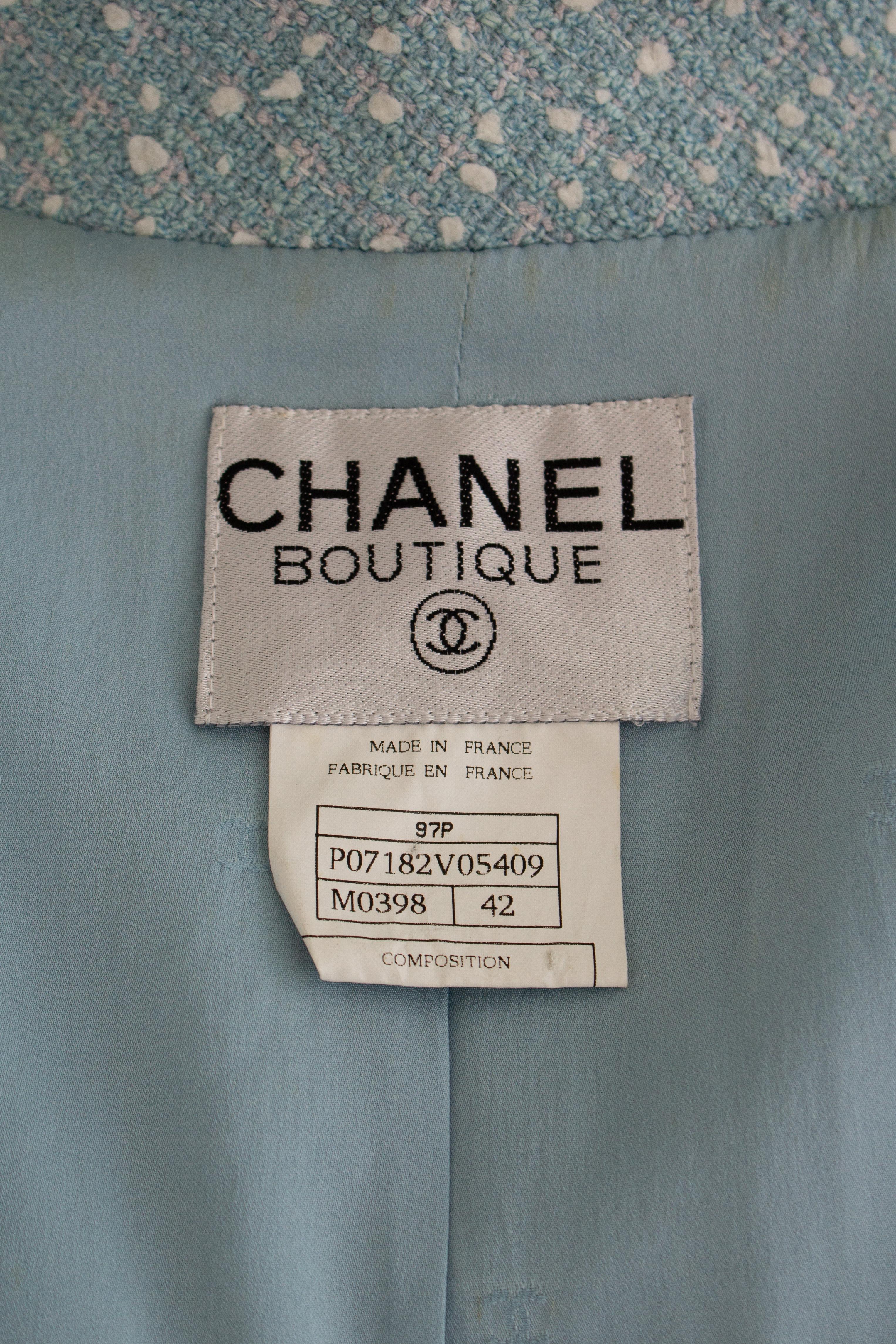 Chanel Vintage S/S 1997 Hellblau Weiß Prinzessin Diana 97P Tweed Jacke Anzug im Angebot 6