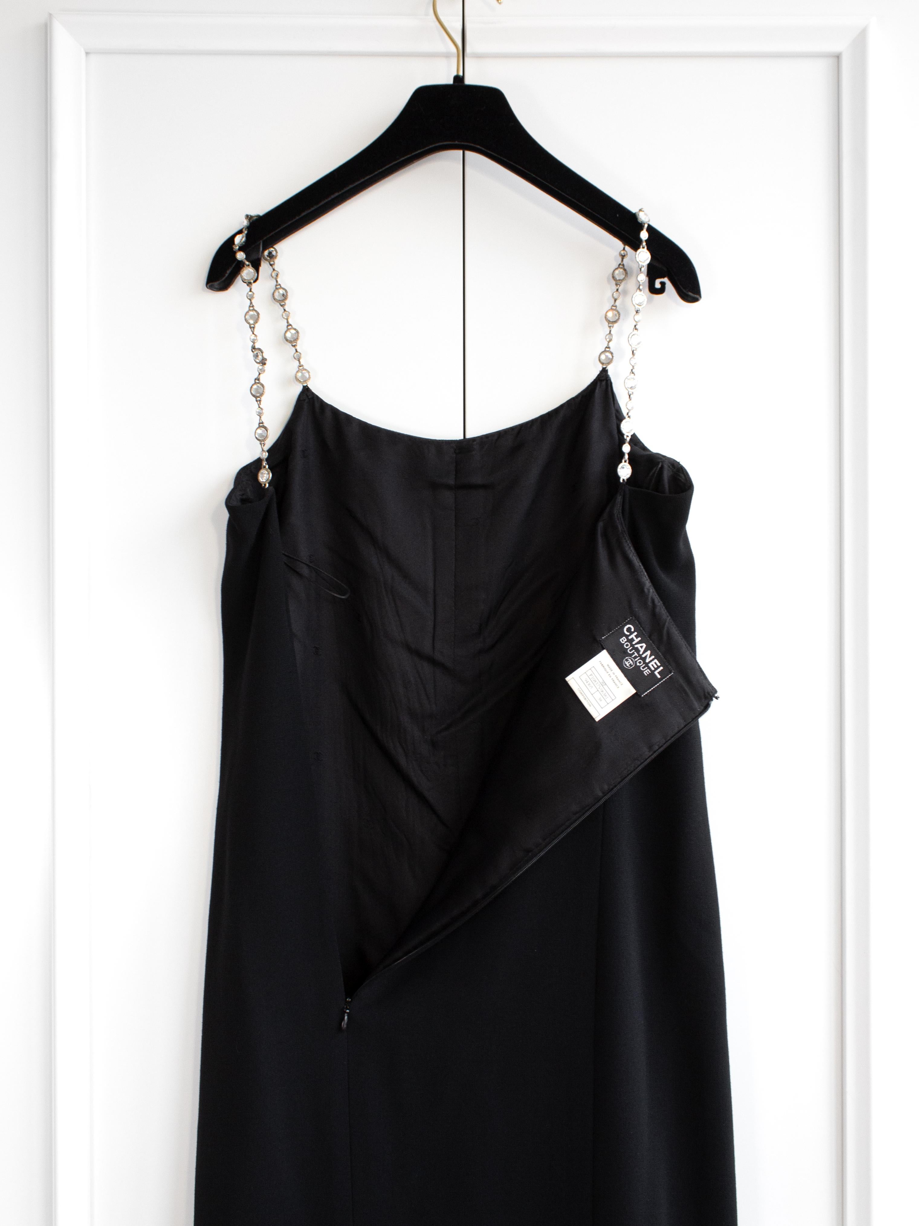 Chanel Vintage S/S 1998 Silver Crystal Chiclet Straps Black 98p Gown Dress For Sale 9