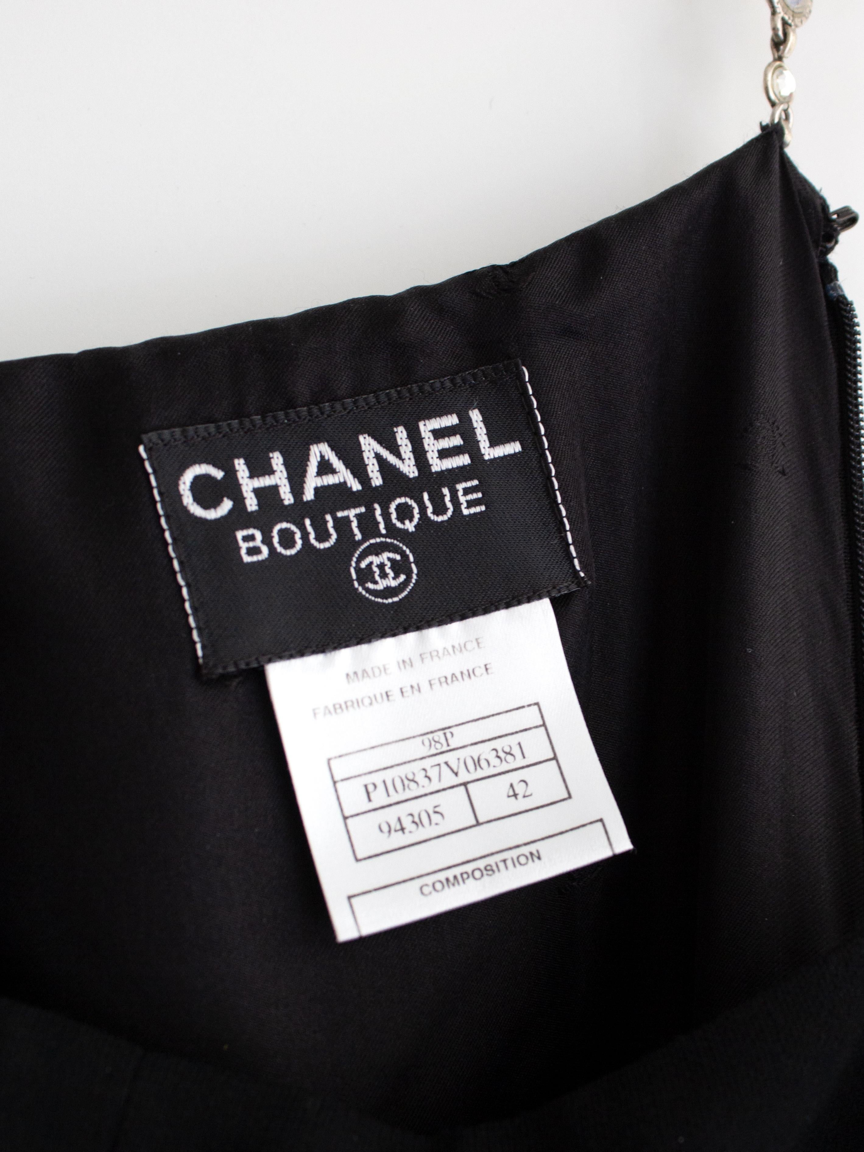Chanel Vintage S/S 1998 Silver Crystal Chiclet Straps Black 98p Gown Dress 10