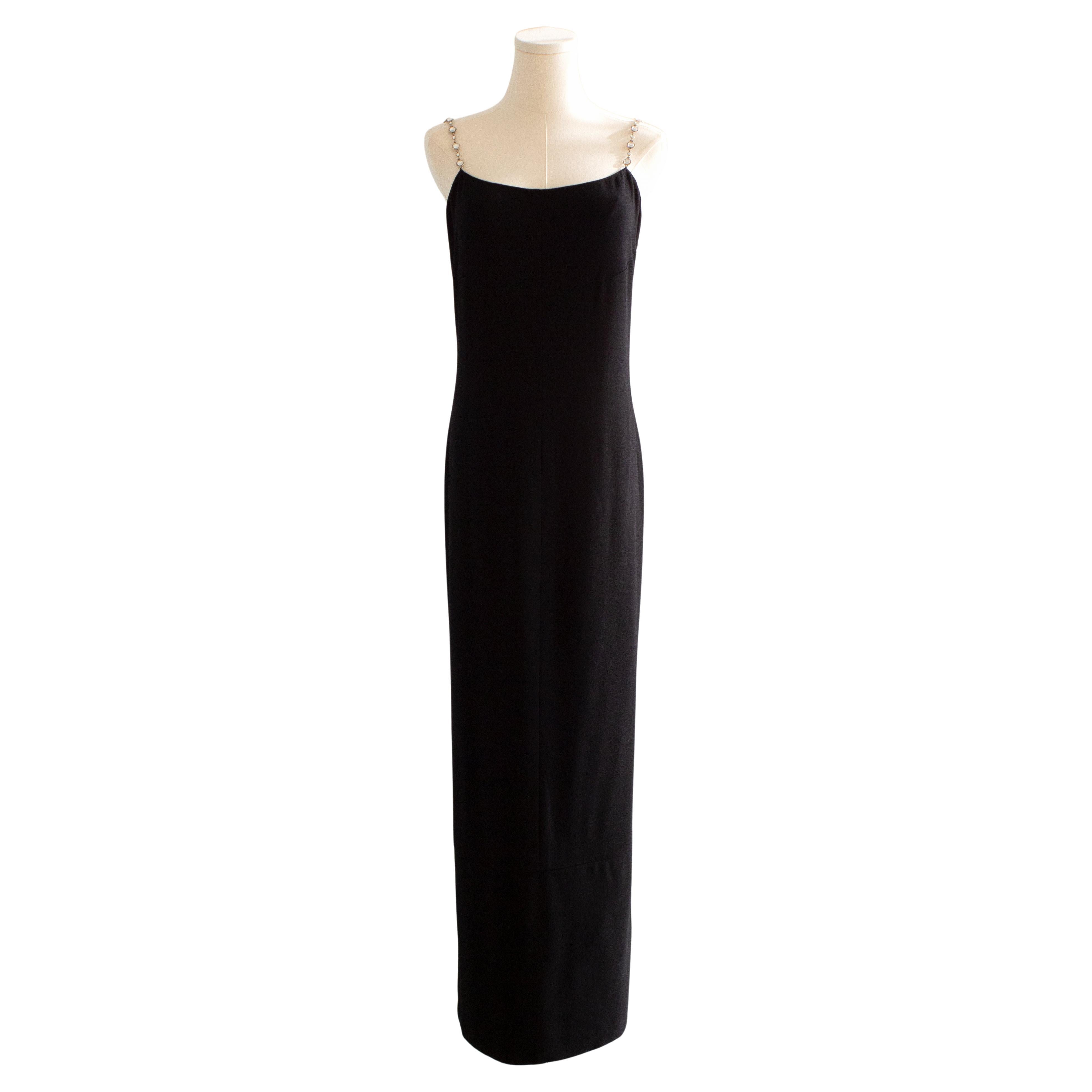 Chanel Vintage S/S 1998 Silver Crystal Chiclet Straps Black 98p Gown Dress For Sale