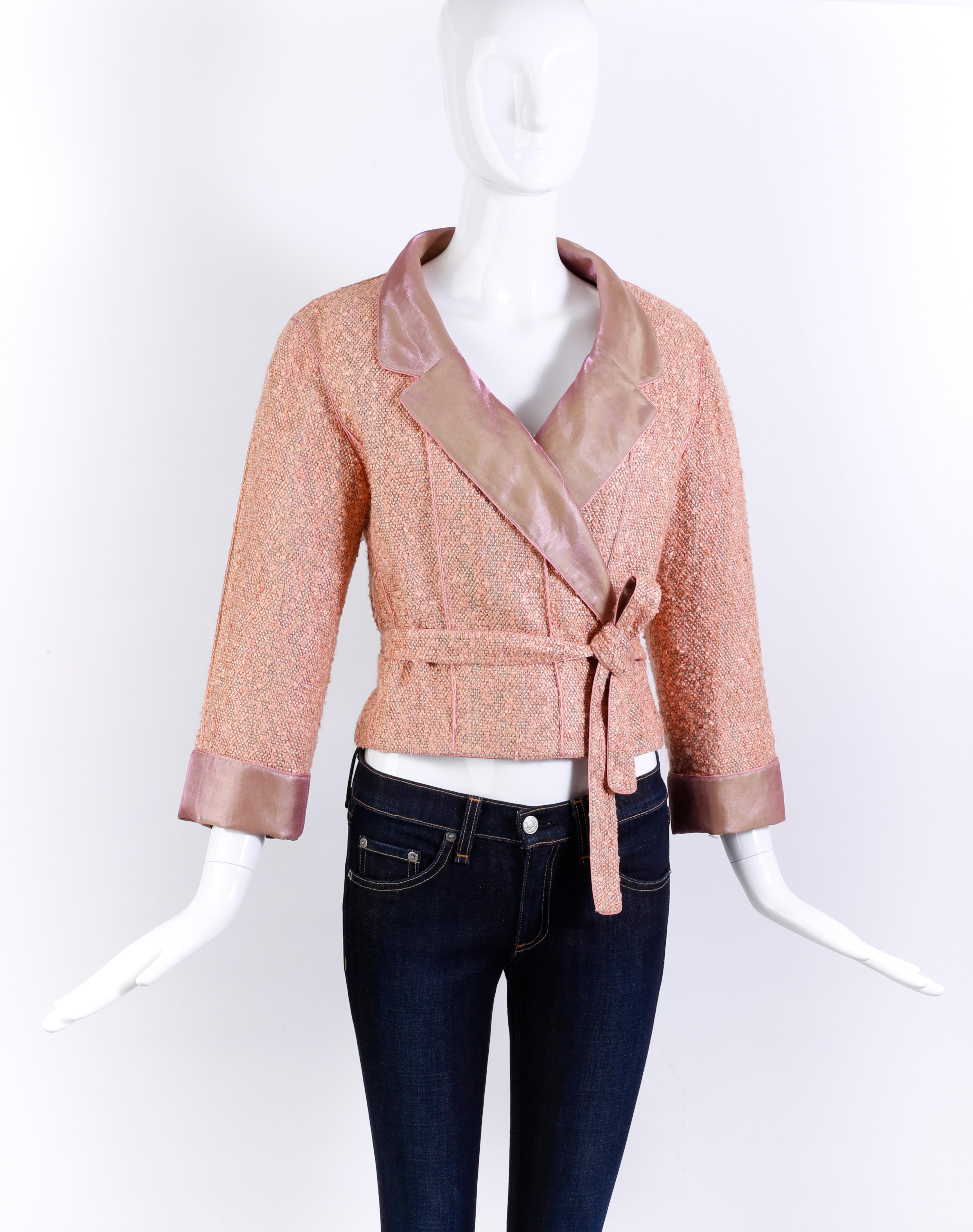 Orange CHANEL Vintage S/S 1999 Salmon Pink Tweed Boucle Knit Cropped Wrap Jacket 38-FR For Sale