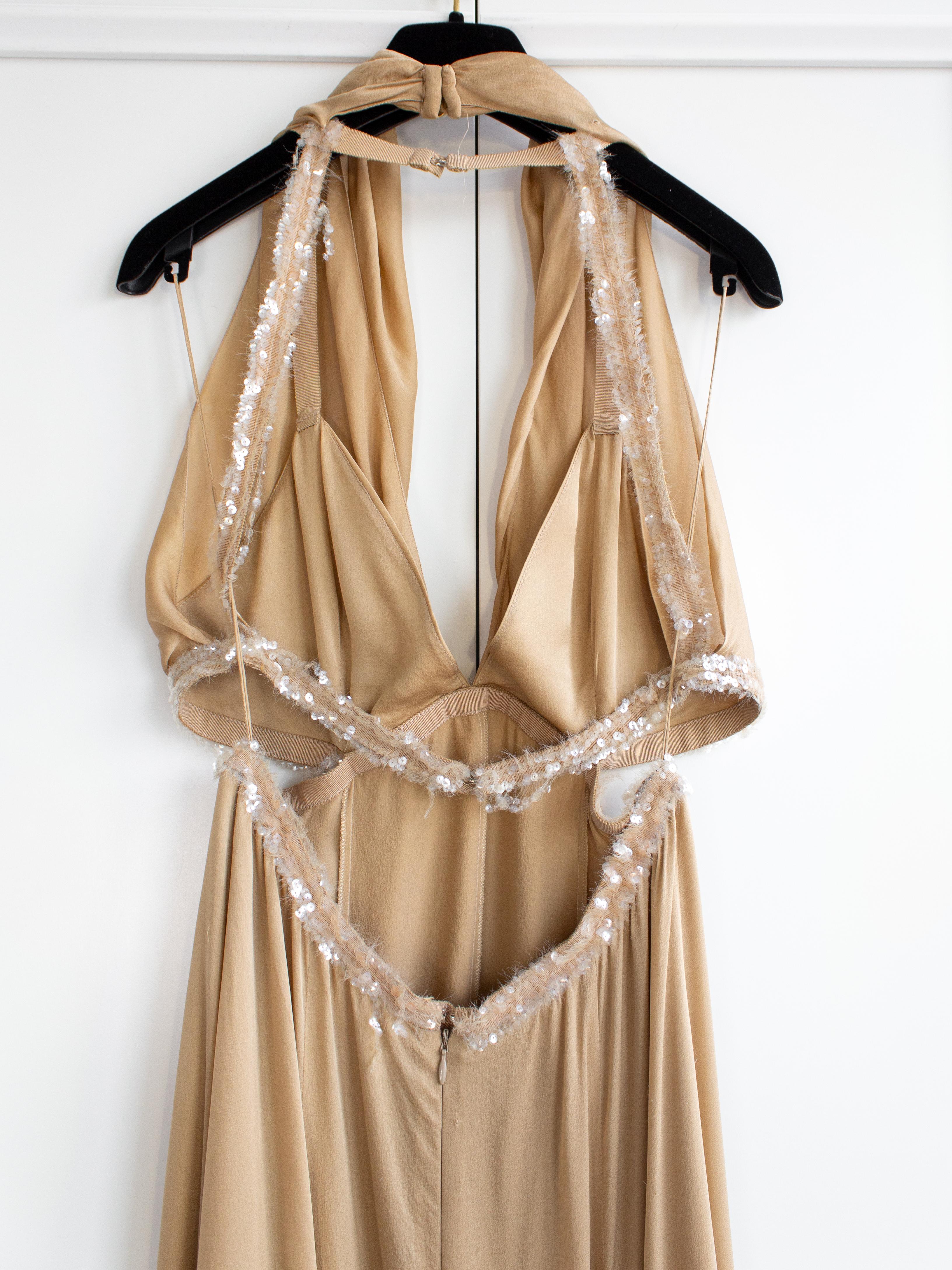 Chanel Vintage S/S 2003 Beige Silk Sequin Embellished 03P Goddess Evening Gown 6