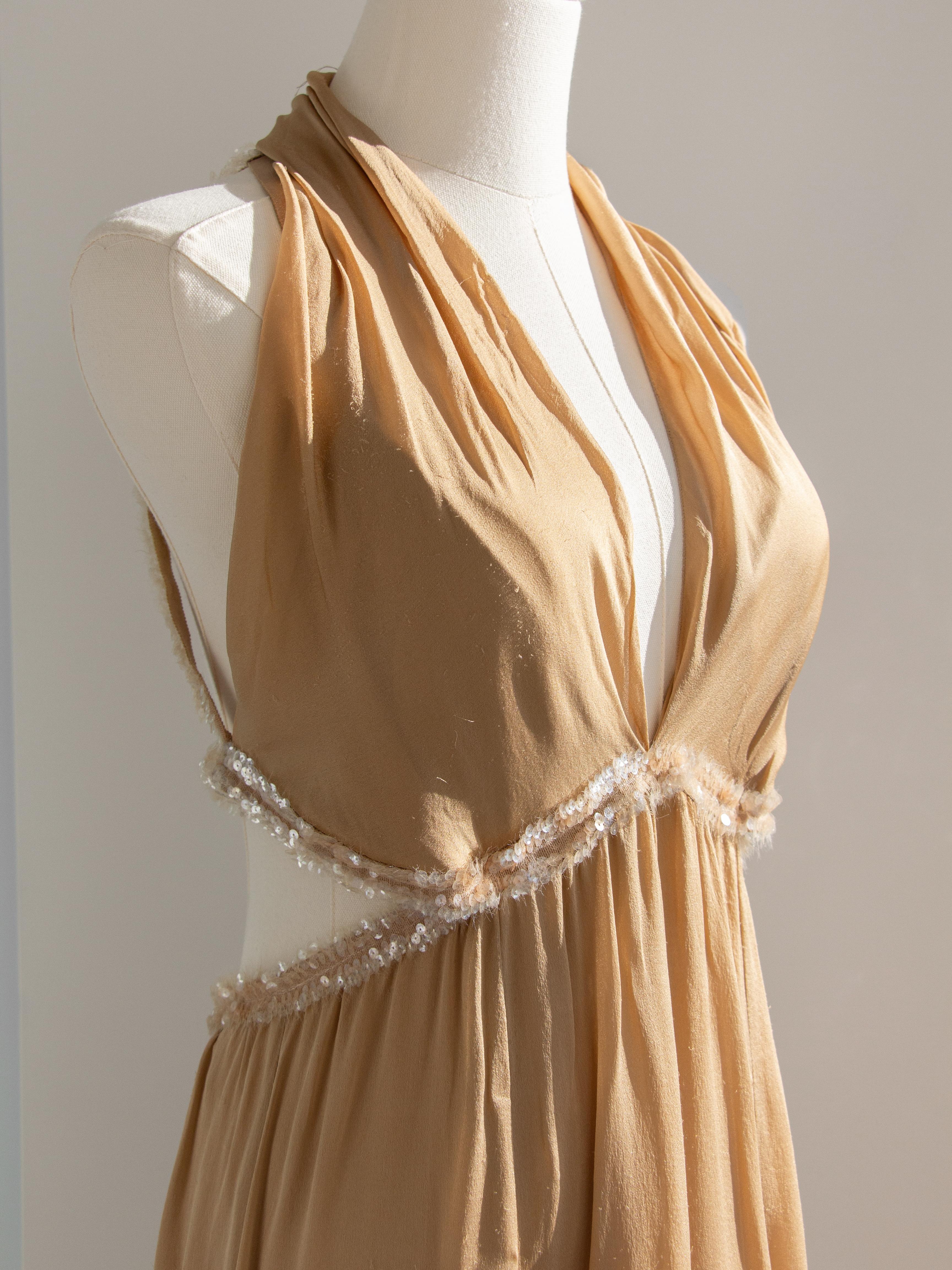 Chanel Vintage S/S 2003 Vestido de noche 03P Diosa Adornado con lentejuelas de seda beige 5