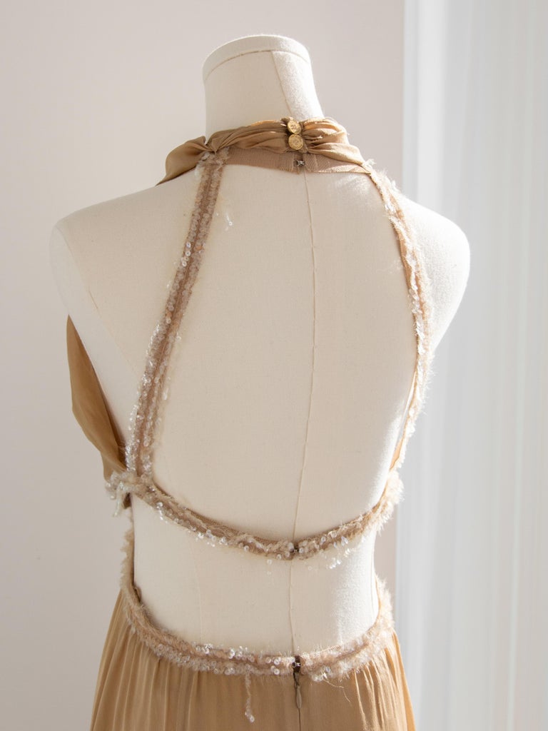 Chanel Vintage S/S 2003 Beige Silk Sequin Embellished 03P Goddess Evening  Gown