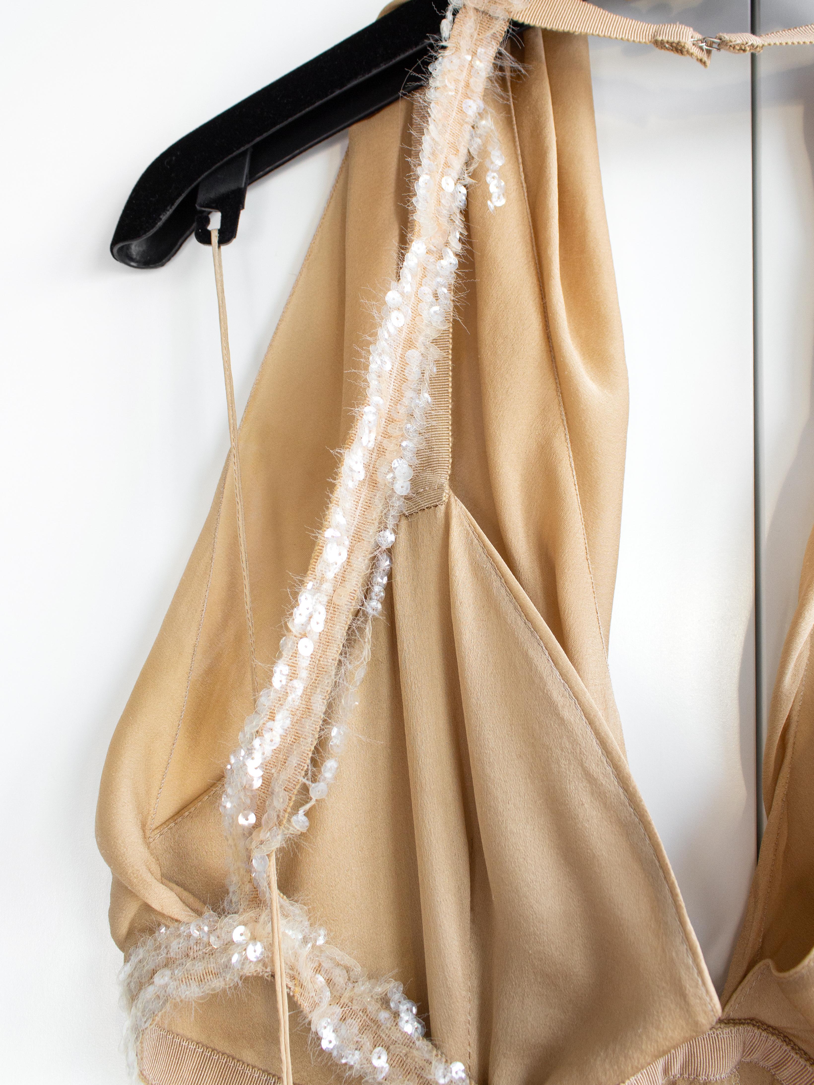 Chanel Vintage S/S 2003 Beige Silk Sequin Embellished 03P Goddess Evening Gown 8