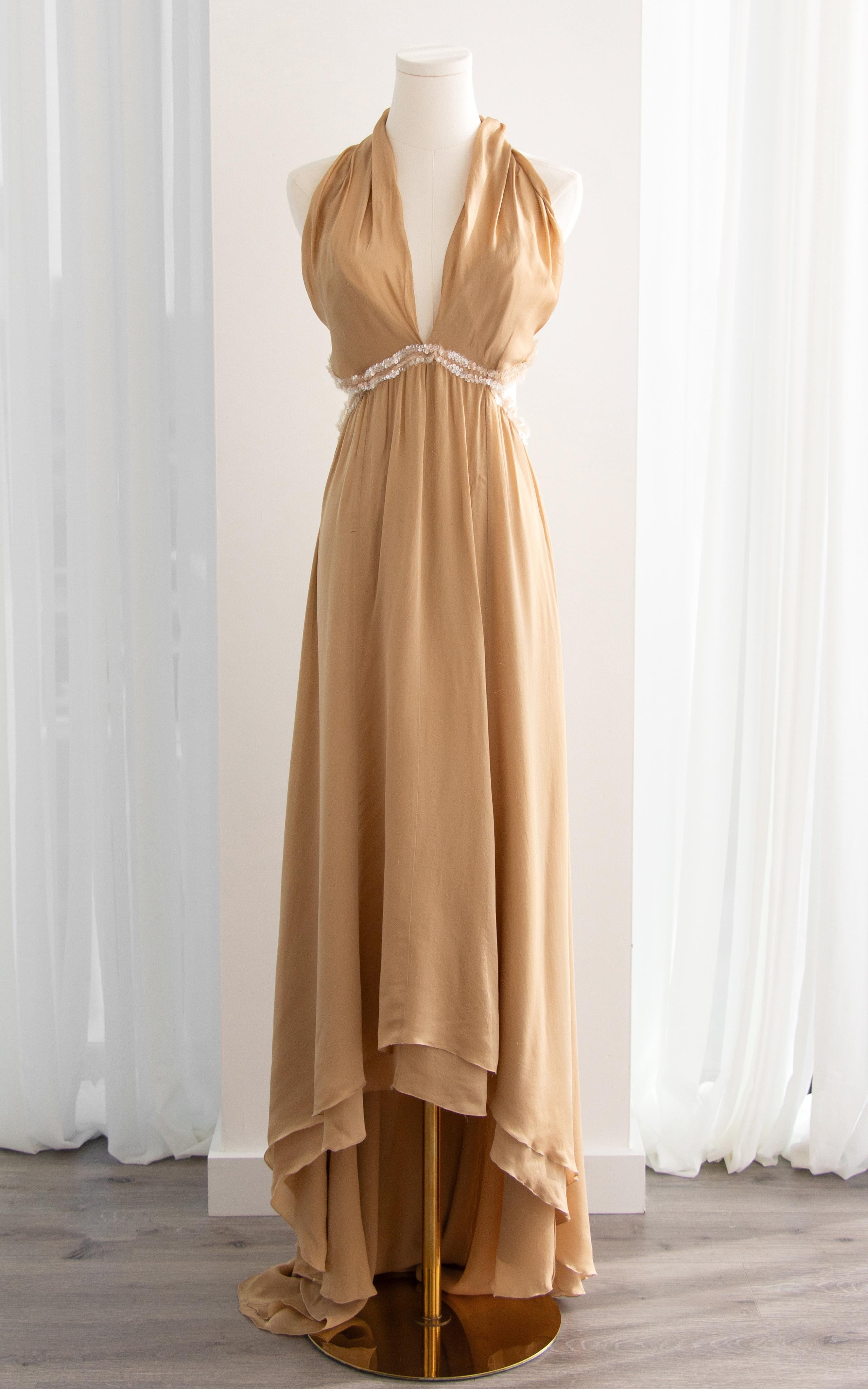 Chanel Vintage S/S 2003 Vestido de noche 03P Diosa Adornado con lentejuelas de seda beige 1