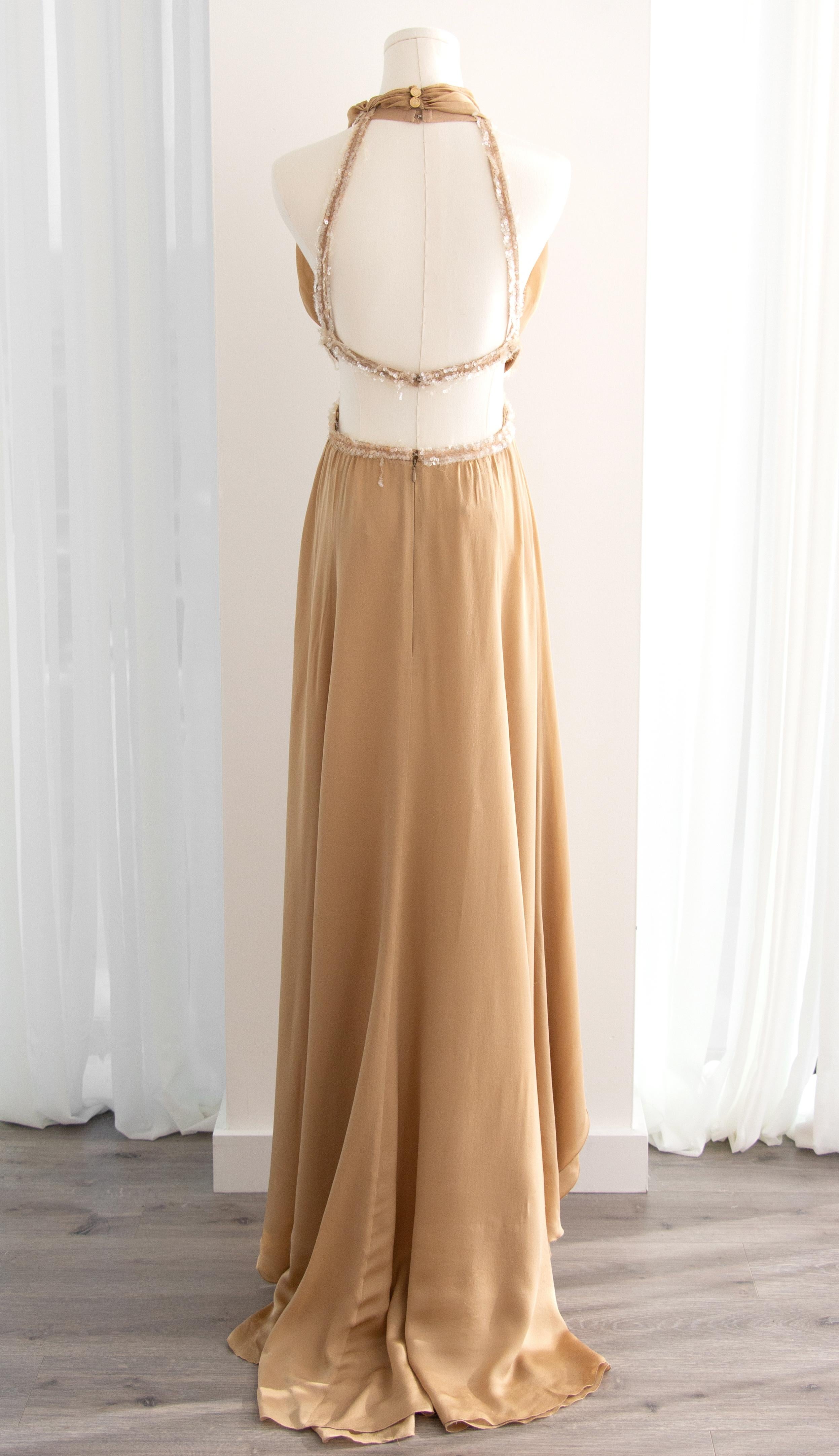 Chanel Vintage S/S 2003 Vestido de noche 03P Diosa Adornado con lentejuelas de seda beige 2